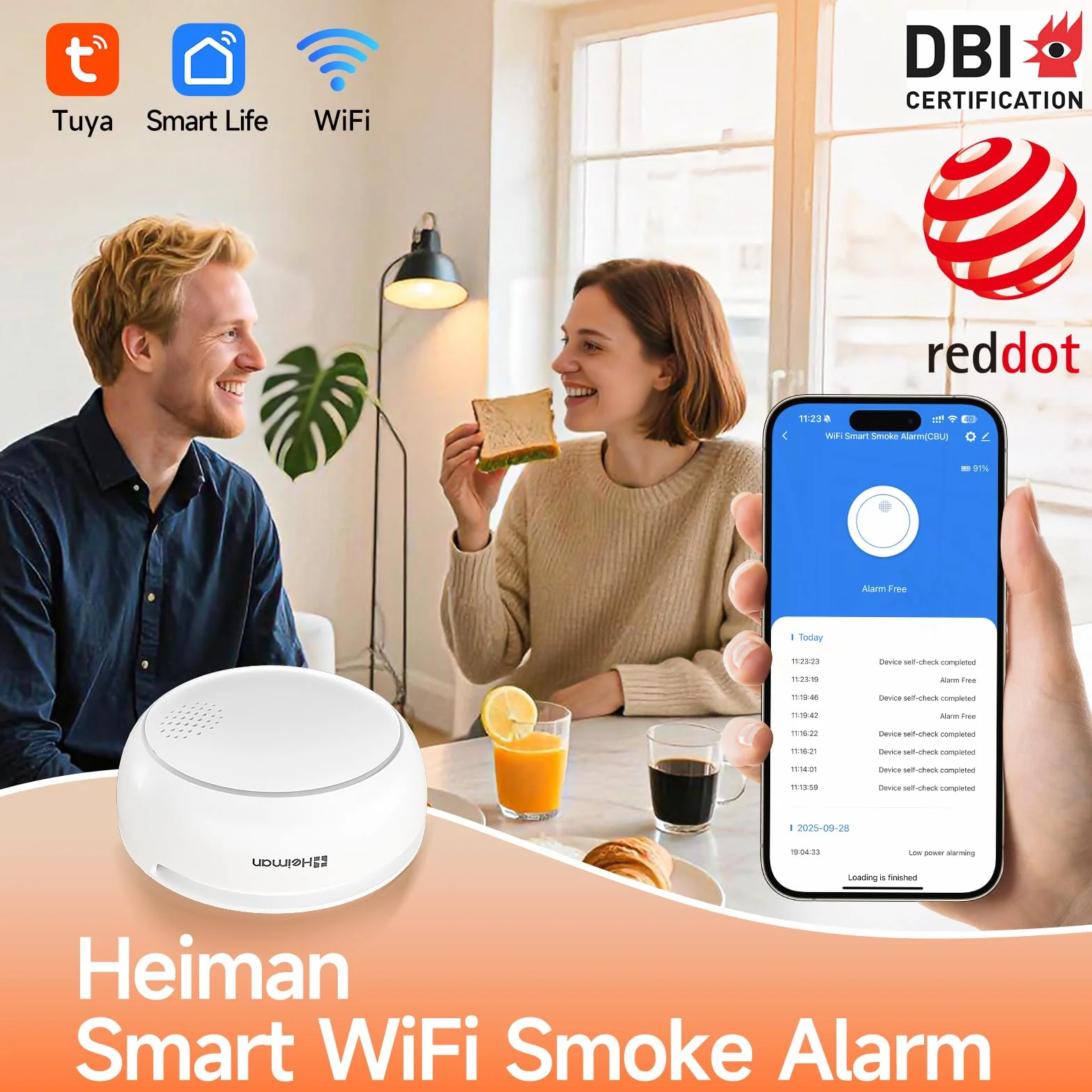 HEIMAN Czujnik dymu WiFi z przyciskiem wyciszenia, standard EN 14604, inteligentny czujnik ognia, WLAN (5), WS2SA-1-TY