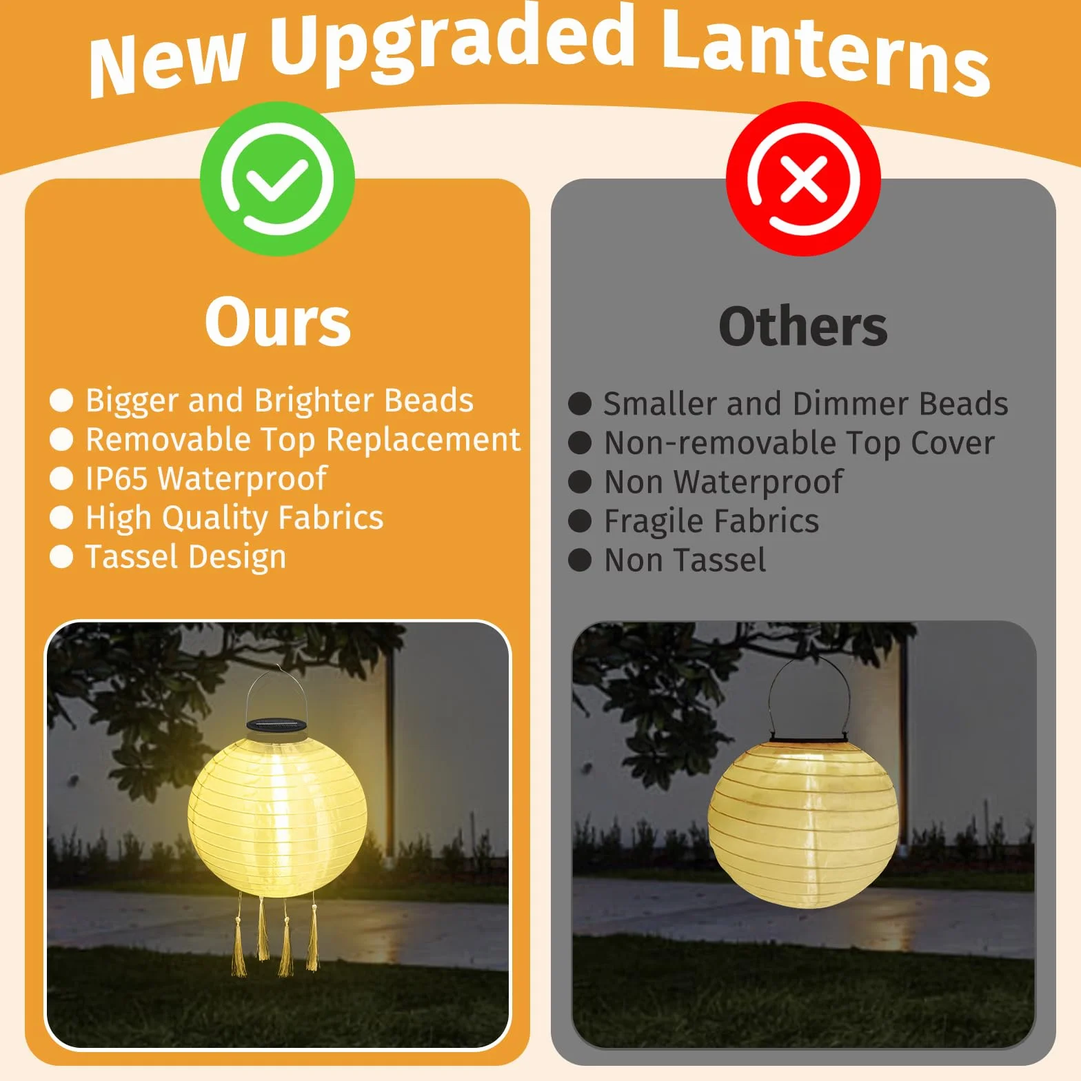 Lampiony solarne LED, 2 sztuki, 25 cm, odporne na warunki atmosferyczne, solarne LED, wodoszczelne latarnie z 4 frędzlami, nylonowe, wiszące lampiony solarne do ogrodu, na podwórko, balkon