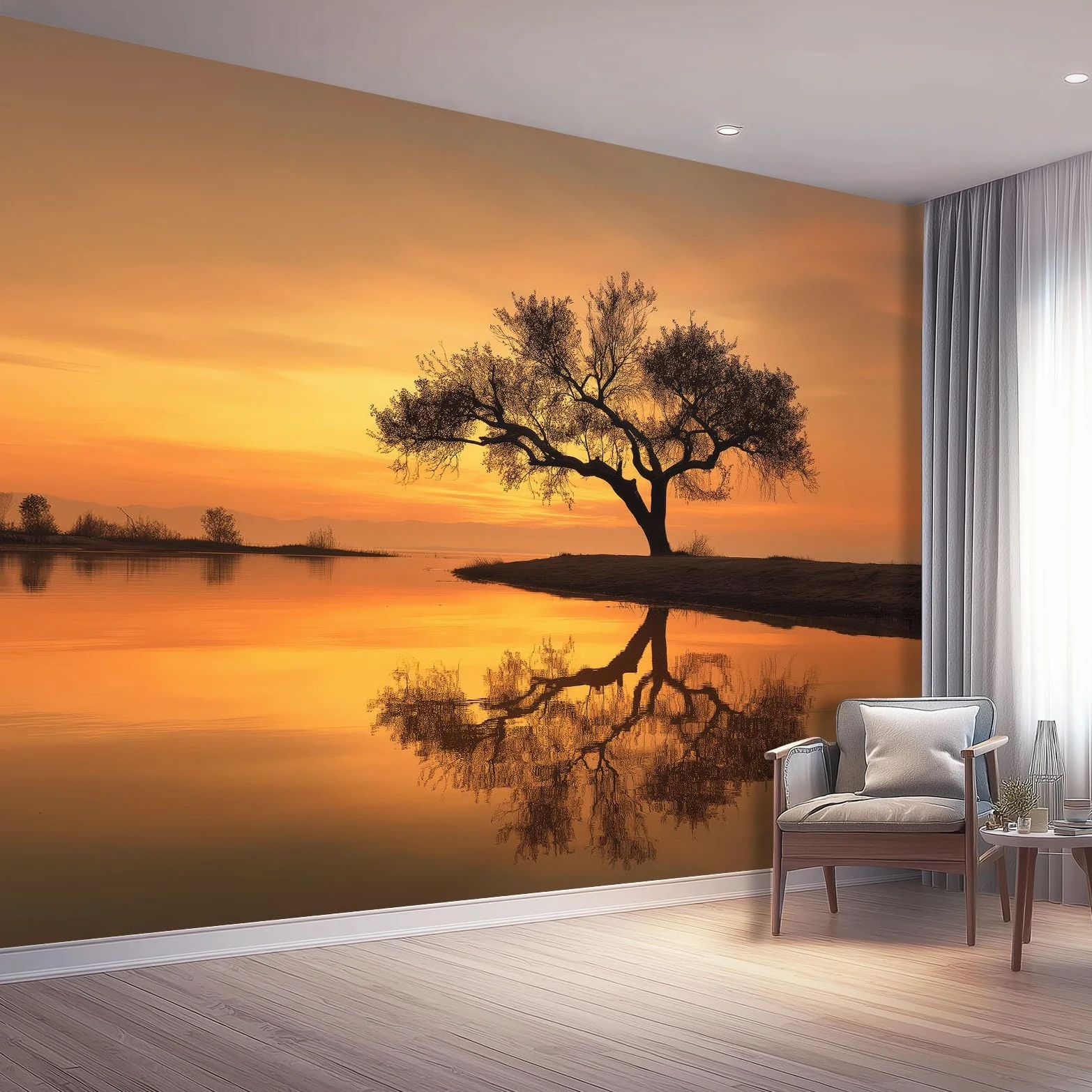 Fototapeta natura tapeta ścienna plakat pomarańczowy drzewa jezioro zdjęcie do sypialni salonu TV ściana 300 x 210 cm
