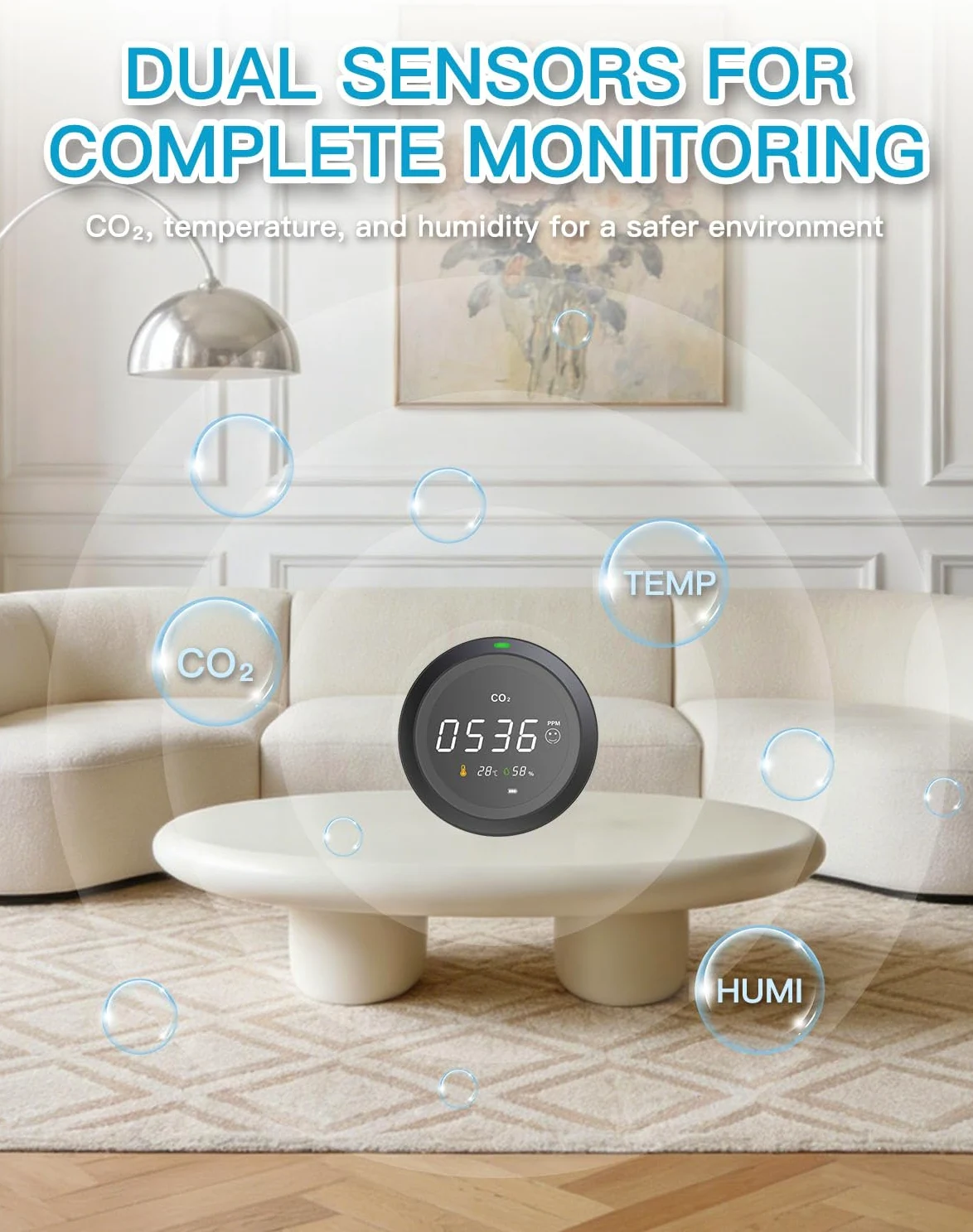 Miernik CO2 LifeBasis 3 w 1, czujnik dwutlenku węgla, pomiar temperatury, wilgotności i jakości powietrza, czujnik CO2 z wyświetlaczem LCD / 0-5000 PPM/precyzyjny czujnik NDIR, czarny, do biura