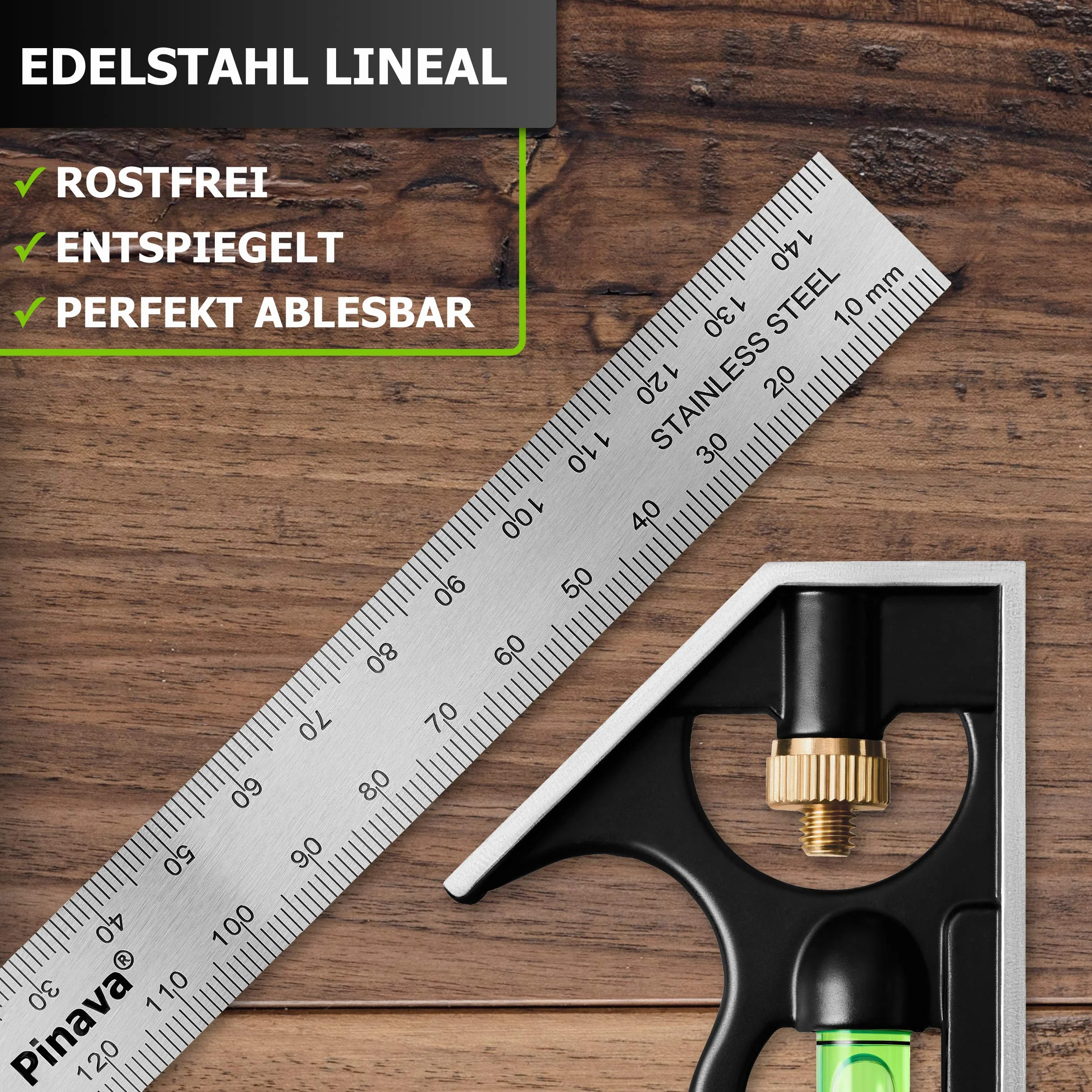 PINAVA® Kątownik łączony 150 mm [przeciwbieżna skala i precyzyjny kąt] – mały kątownik uniwersalny z metalowym ogranicznikiem – idealnie czytelny multikąt, Combination Square