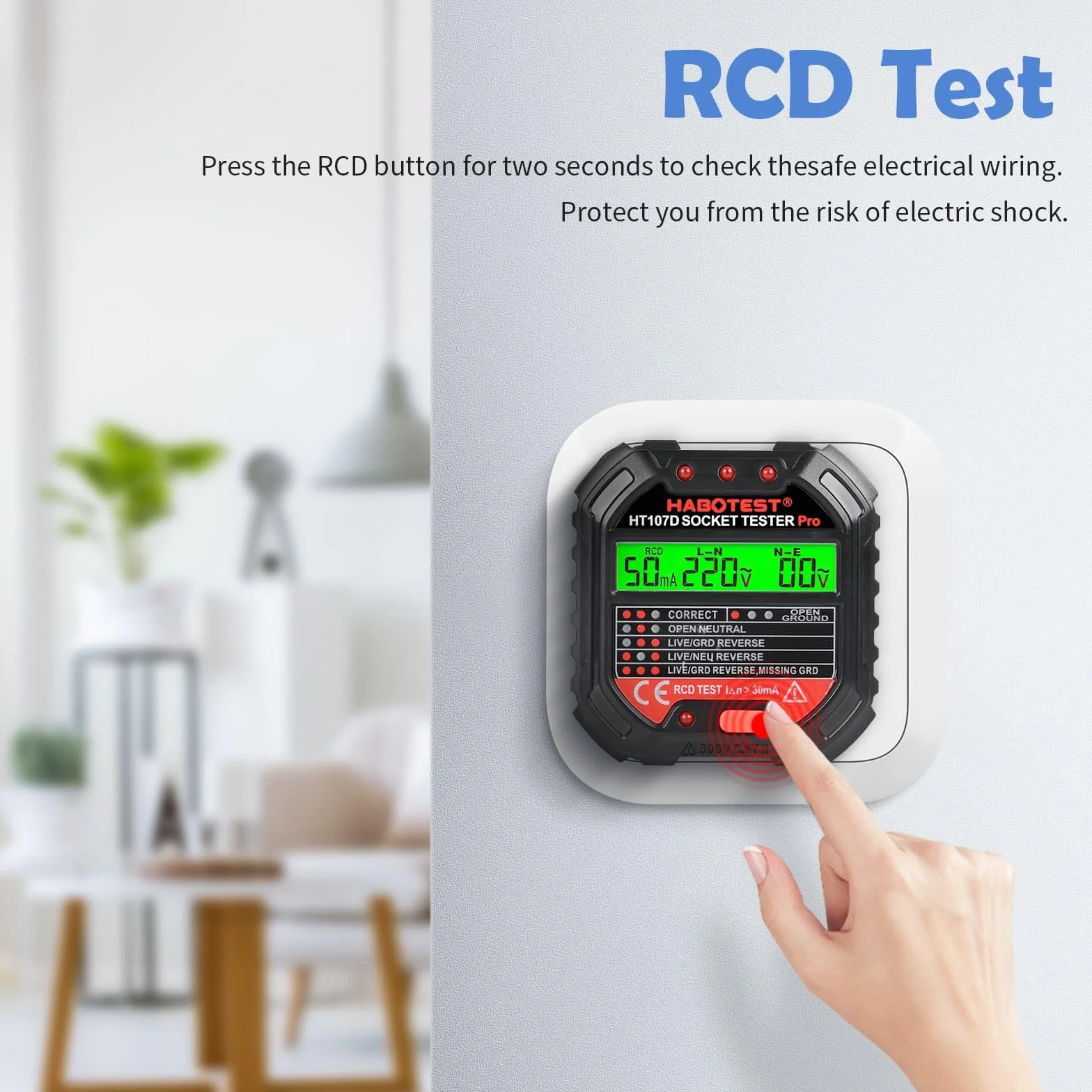 Tester gniazd z kontrolą RCD i wyświetlaczem napięcia LCD, 6 rodzajów diagnostyki błędów, 48-250 V/45-65 Hz