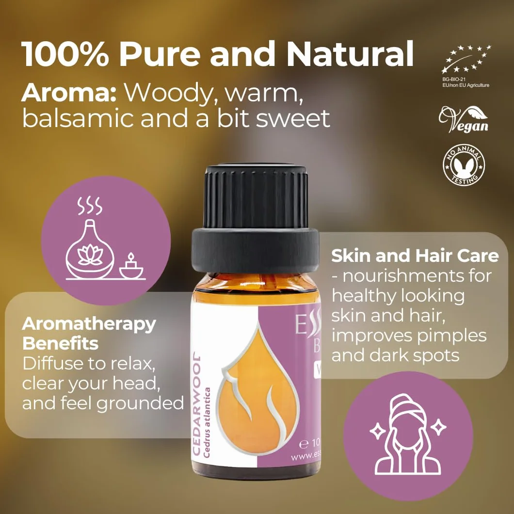 Essences Bułgaria Organiczny Olejek Eteryczny z Drzewa Cedrowego 10ml | Cedrus atlantica | 100% Czysty i Naturalny | Nierozcieńczony | Klasa Terapeutyczna | Aromaterapia | Kosmetyki | Bez okrucieństwa