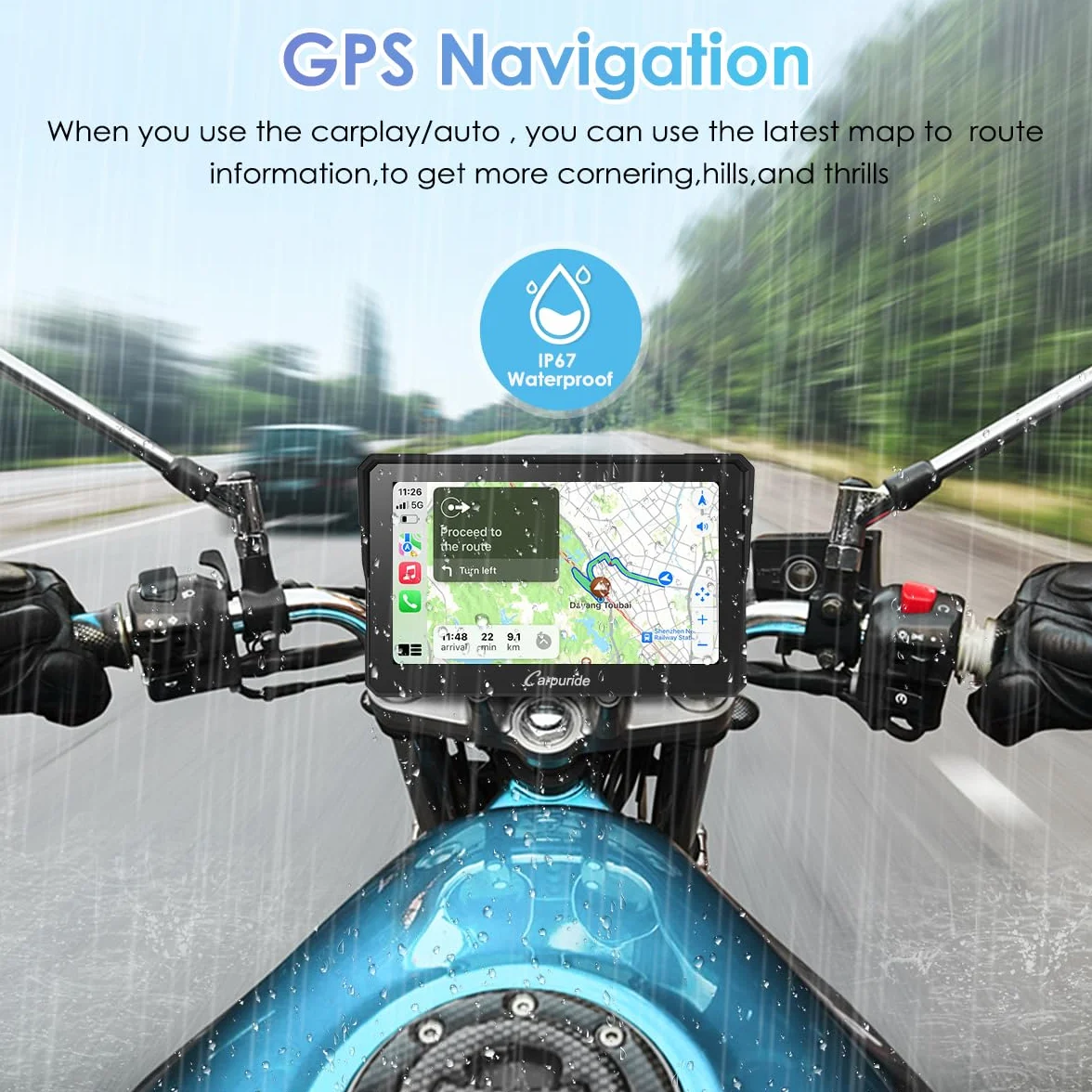 Carpuride W702 Motocyklowy ekran Carplay, bezprzewodowy CarPlay i Android Auto, wodoodporny ekran dotykowy 17.8 cm, podwójny Bluetooth, nawigacja, Siri.