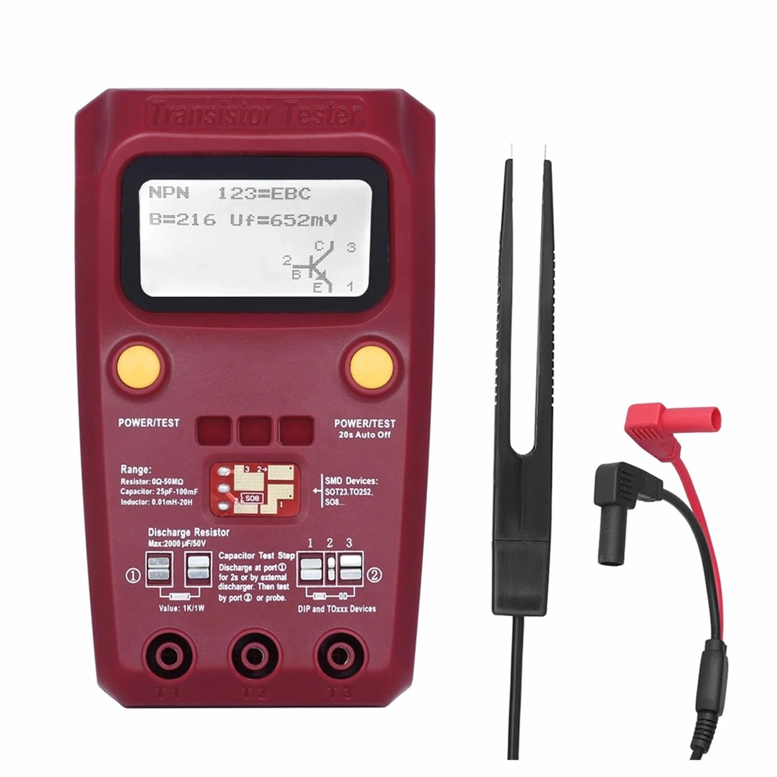 Uniwersalny Tranzystor ESR/SMD Tester Inteligentna Dioda Trioda Miernik Rezystancji Pojemnościowej LCD MOS/PNP/NPN Test Szybko Dokładnie Łatwy Odczyt(ESR02PRO-Test clip-01)