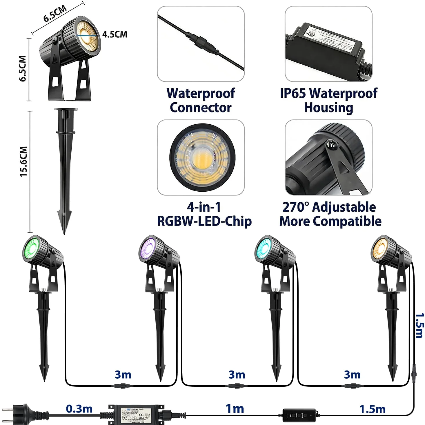4 lampy ogrodowe LED RGBW, 24V, 12 W ogrodowy, timerem, wtyczką do ziemi i pilotem, stopień ochrony IP65, przeznaczone do trawników, ogrodów i innych przestrzeni zewnętrznych