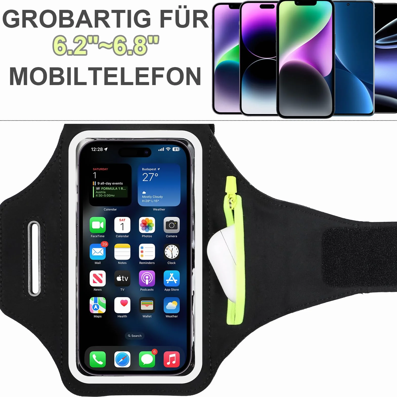 Wodoodporna opaska sportowa z kieszonką na telefon, kompatybilna z iPhone 16/15/14/13 Pro, Galaxy S25/S24, Huawei, Xiaomi, Google Pixel (do 6,8")