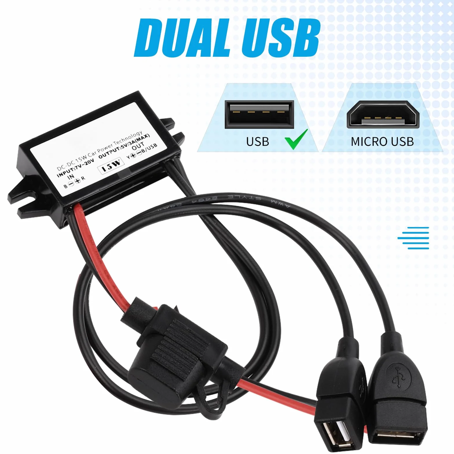 Adapter USB 12V na USB,12V na 5V moduł konwertera DC Buck 3A 15W DC na DC adapter samochodowy z bezpiecznikiem (DualUSB)