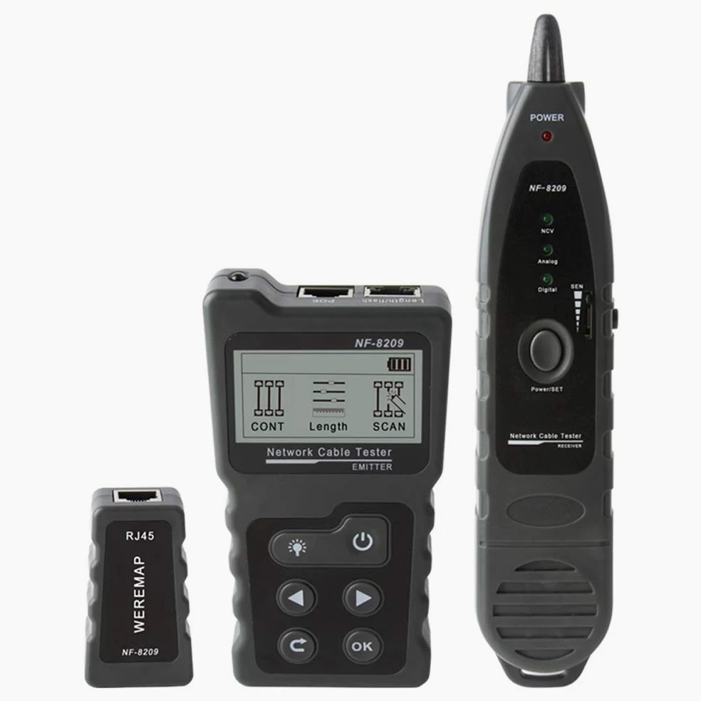 Tester kabli sieciowych NF-8209, tester kabli sieciowych, tester kabli CAT5 CAT6, pomiar długości kabla, test PoE, funkcja NCV