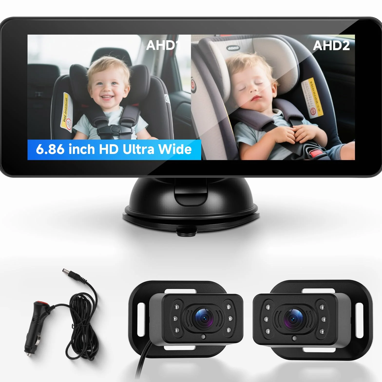 Podwójna kamera samochodowa dla 2 dzieci 6,86 cala wyświetlacz IPS Split-Screen HD widoczność w nocy obracana o 360° kamera bezpieczeństwa