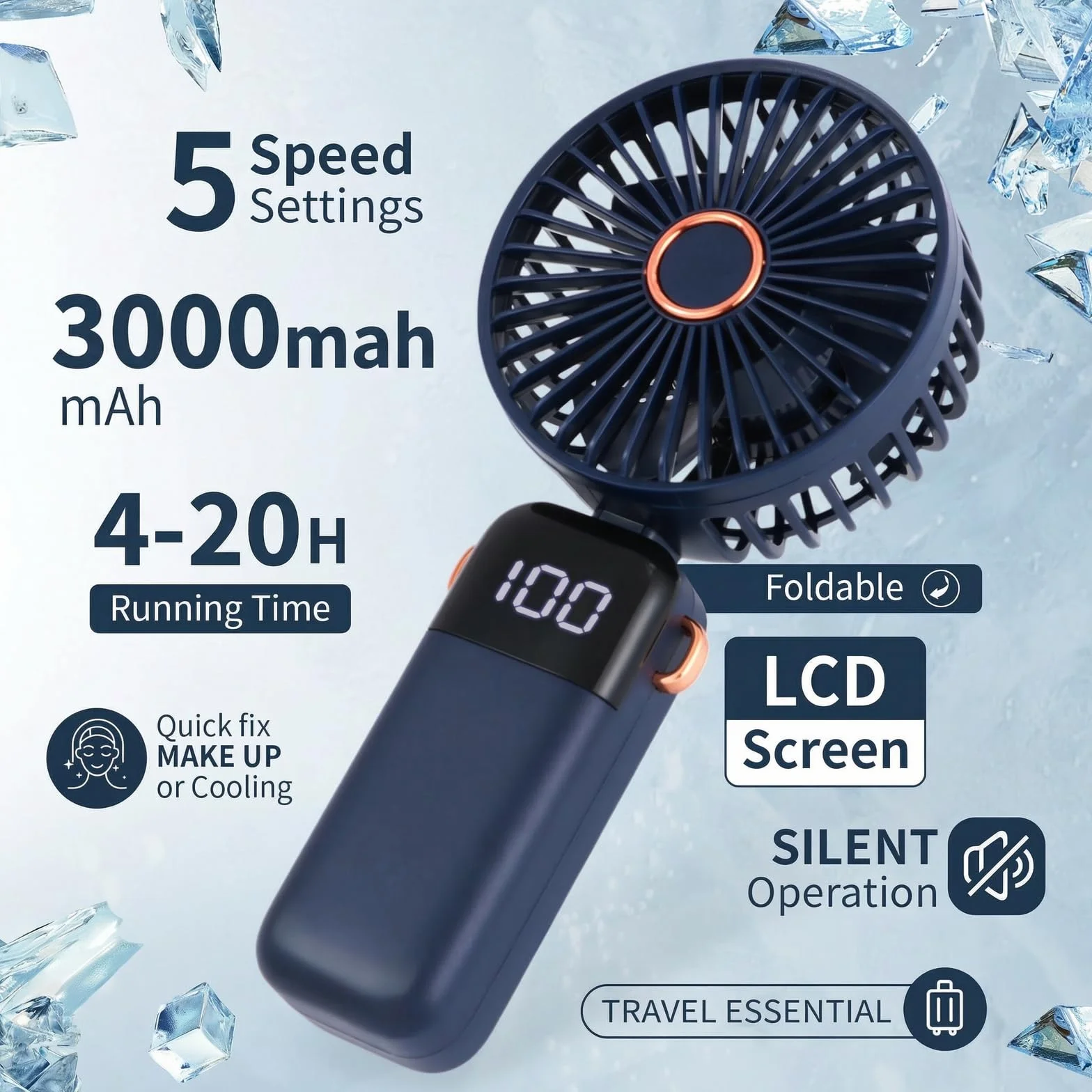 CNMTCCO Wentylator ręczny, przenośny, cichy mini wentylator, ładowany przez USB, składany wentylator z 5 stopniami prędkości, mały wentylator kieszonkowy, z cokołem i paskiem do zawieszenia, do