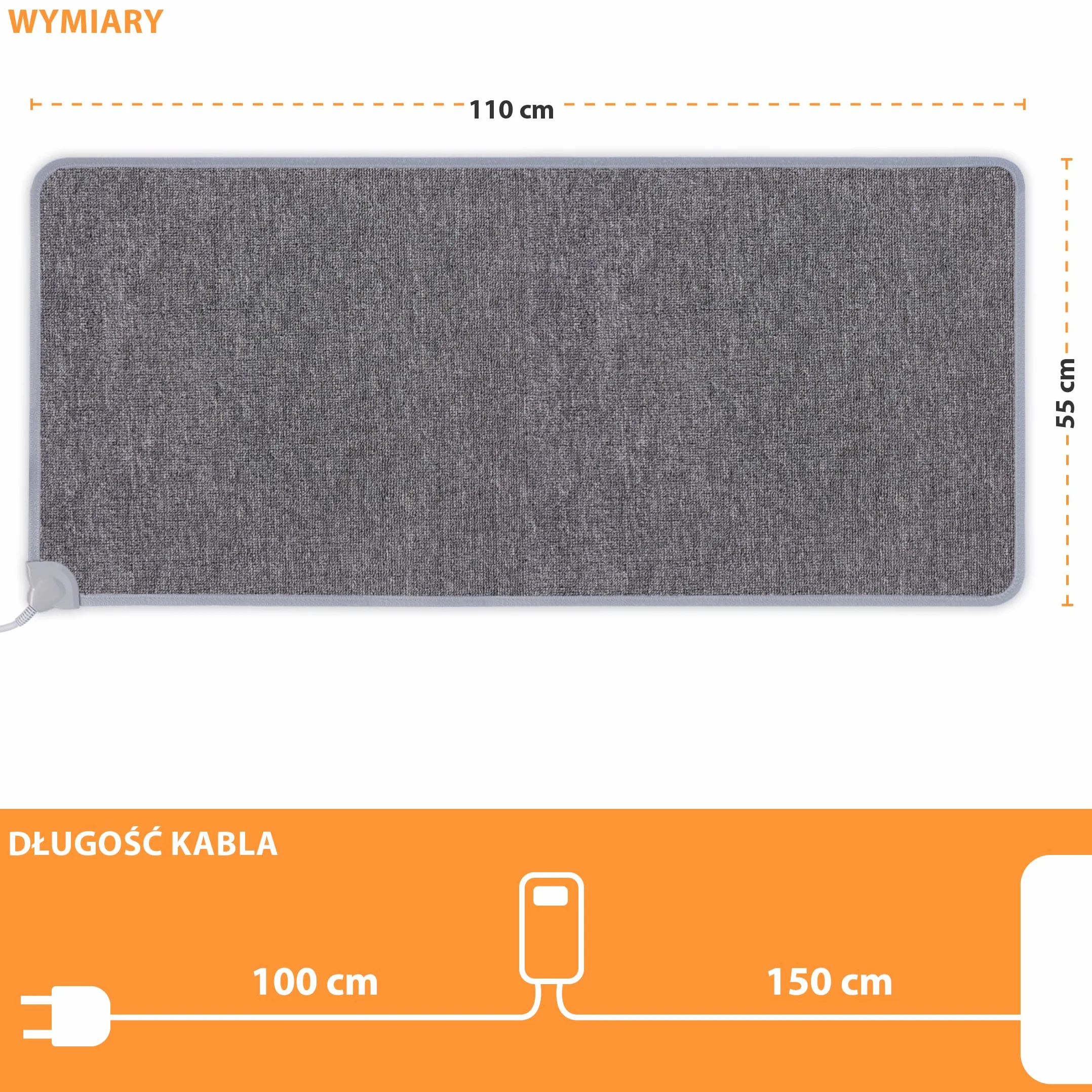 Mata grzewcza na podczerwień Mi-Heat Warm Feet 50x55cm / 55x80cm / 55x110cm szara/antracytowa - ok. 40°C - z regulatorem, funkcją timera, podłogowa, 230V, pętelkowa powierzchnia dywanowa (55x110cm)