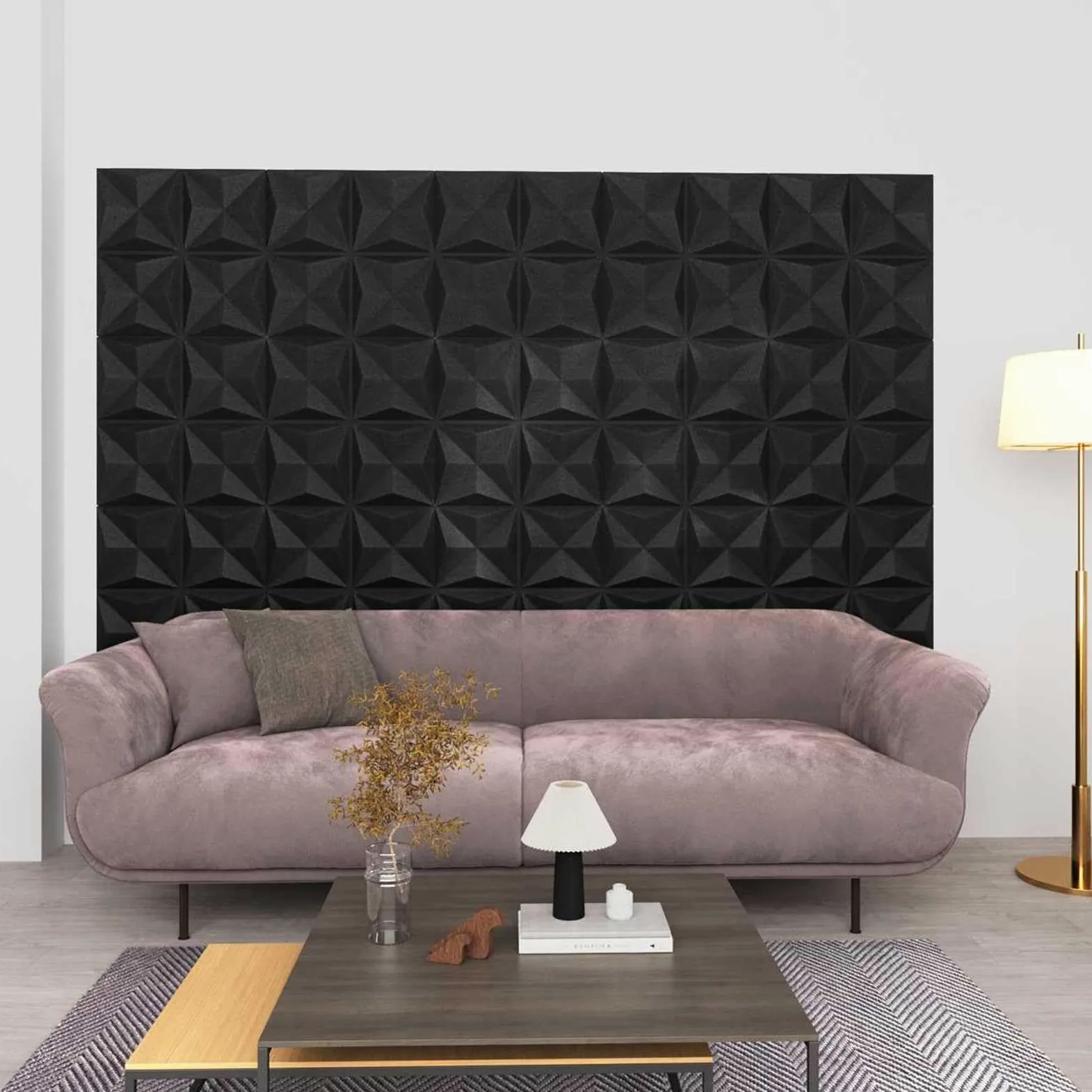 Panele ścienne 24 sztuki origami czarne 50 x 50 cm pianka XPS | Lekki materiał, "zrób to sam", do sypialni i salonu, łatwy w pielęgnacji suchą szmatką