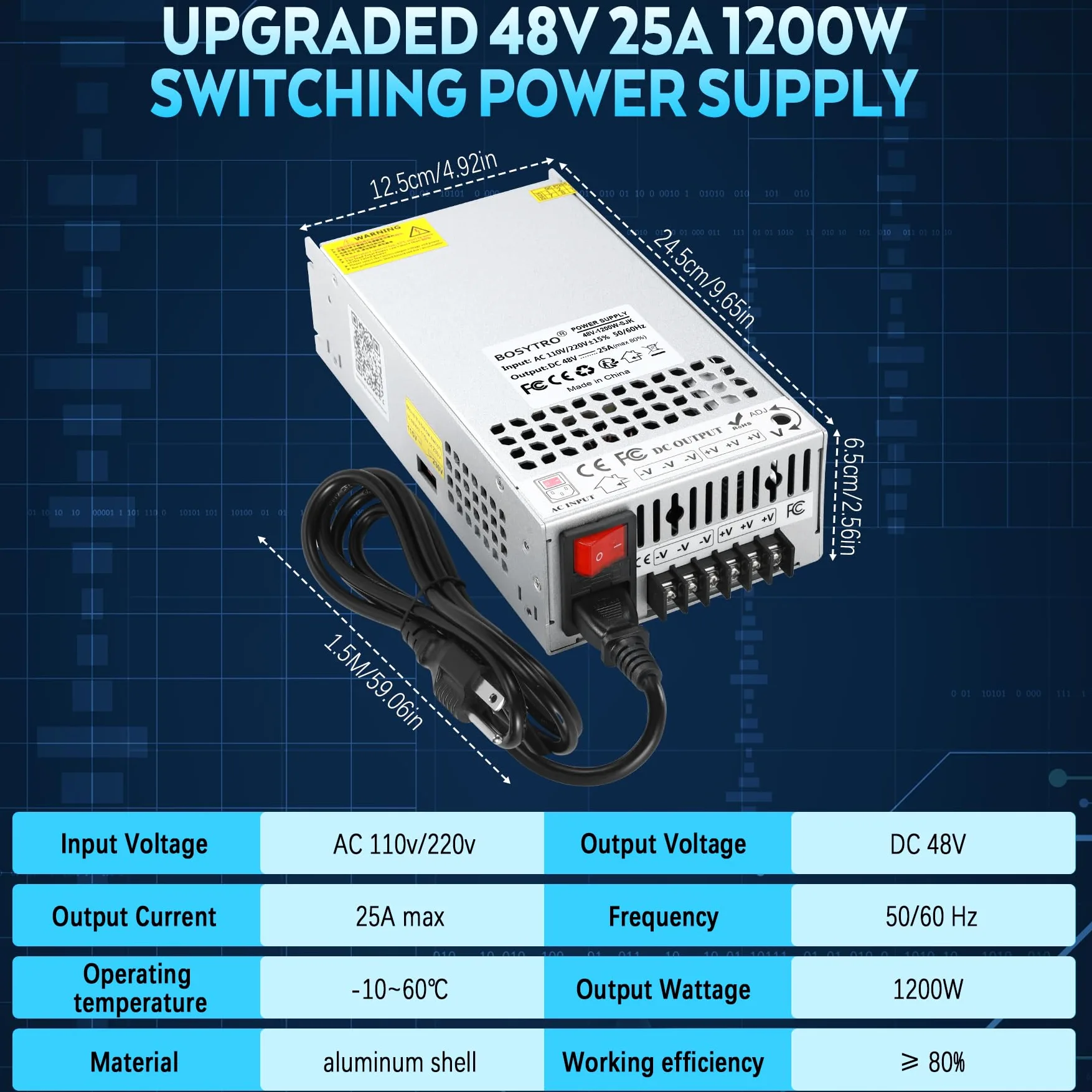 Ulepszony zasilacz impulsowy 48 V, 25 A, 1200 W, transformator LED 230 V na 48 V, DC 48 V, przetwornica napięcia, z kablem sieciowym i wyłącznikiem bezpieczeństwa, transformator do ogrzewania