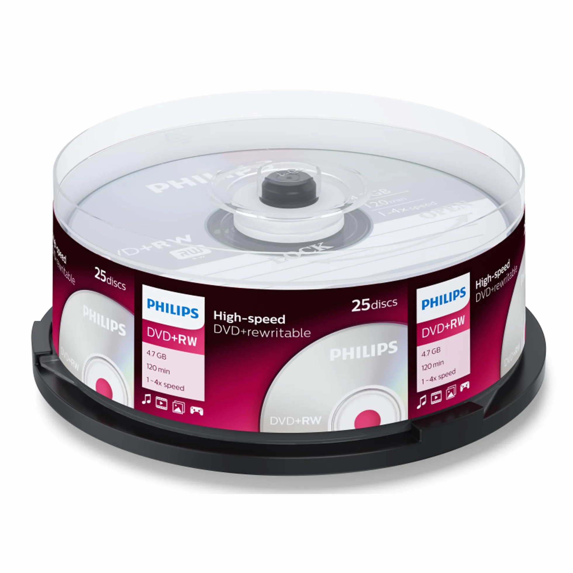 Philips DVD+RW nośniki o wysokiej prędkości High-speed (4,7 GB / 120 minut wideo, 1-4x prędkość, wrzeciona 25 szt., wielokrotnego zapisu / nadpisywalne)