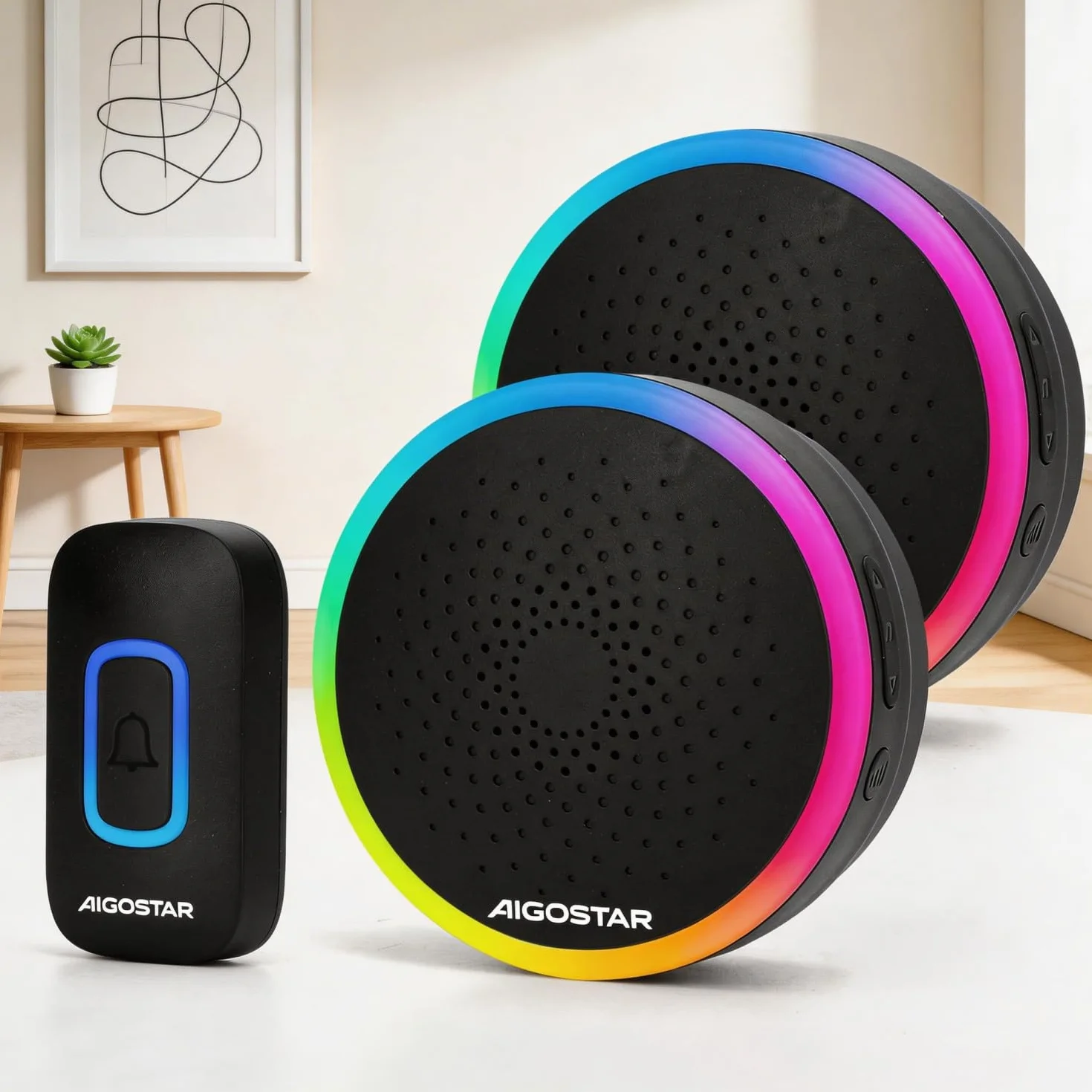 Aigostar Bezprzewodowy dzwonek RGB, wodoodporny, zewnętrzny bezprzewodowy dzwonek, IP55, 5 poziomów głośności (0-120 dB) i 60 melodii