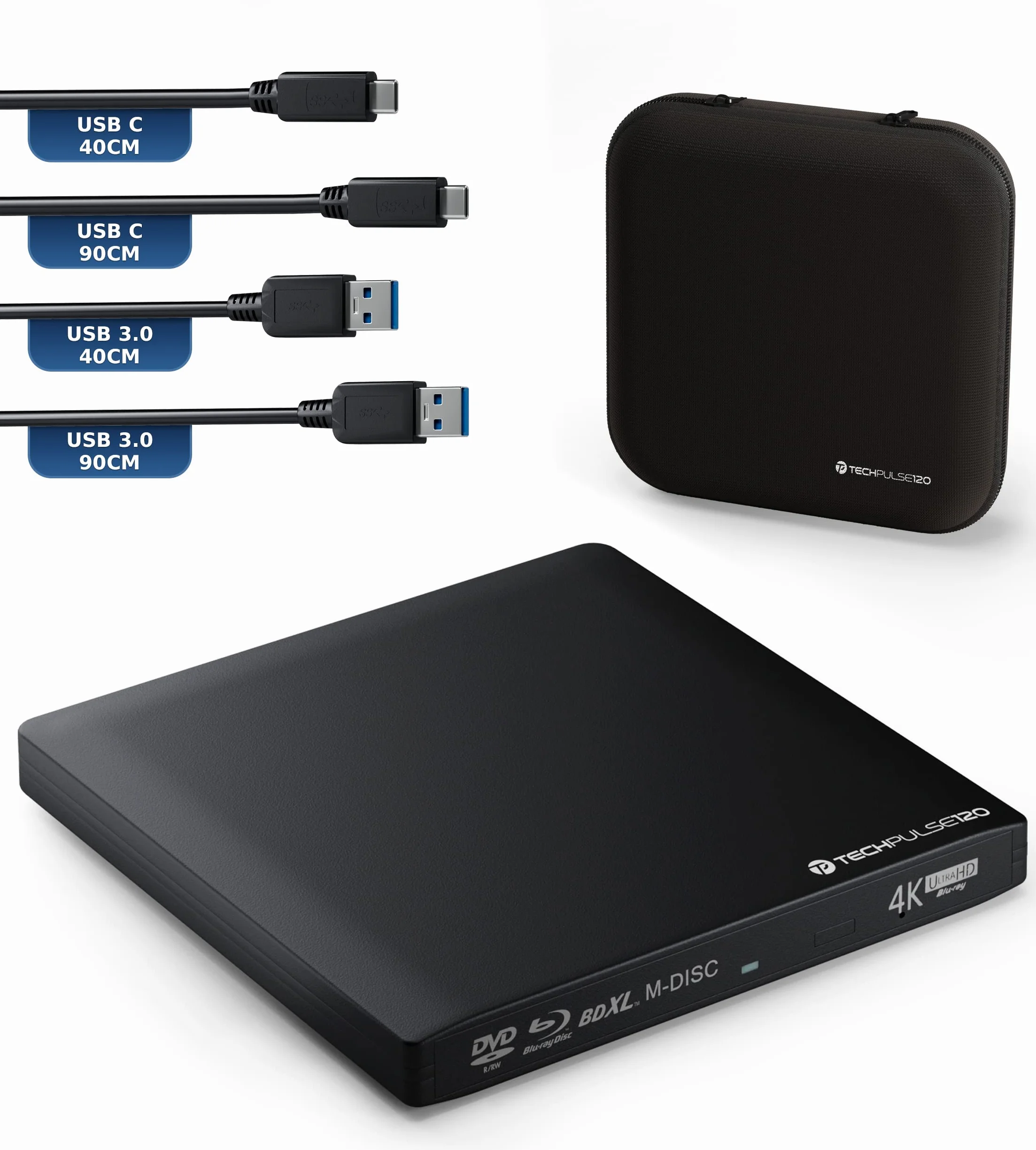 techPulse120 Zewnętrzna nagrywarka USB 3.1 USB-C UHD 4k 3D M-DISC Blu-ray DVD CD BDXL HDR10 128 GB nagrywarka Superdrive BD Imperator torba 90 cm kabel aluminiowy czarny