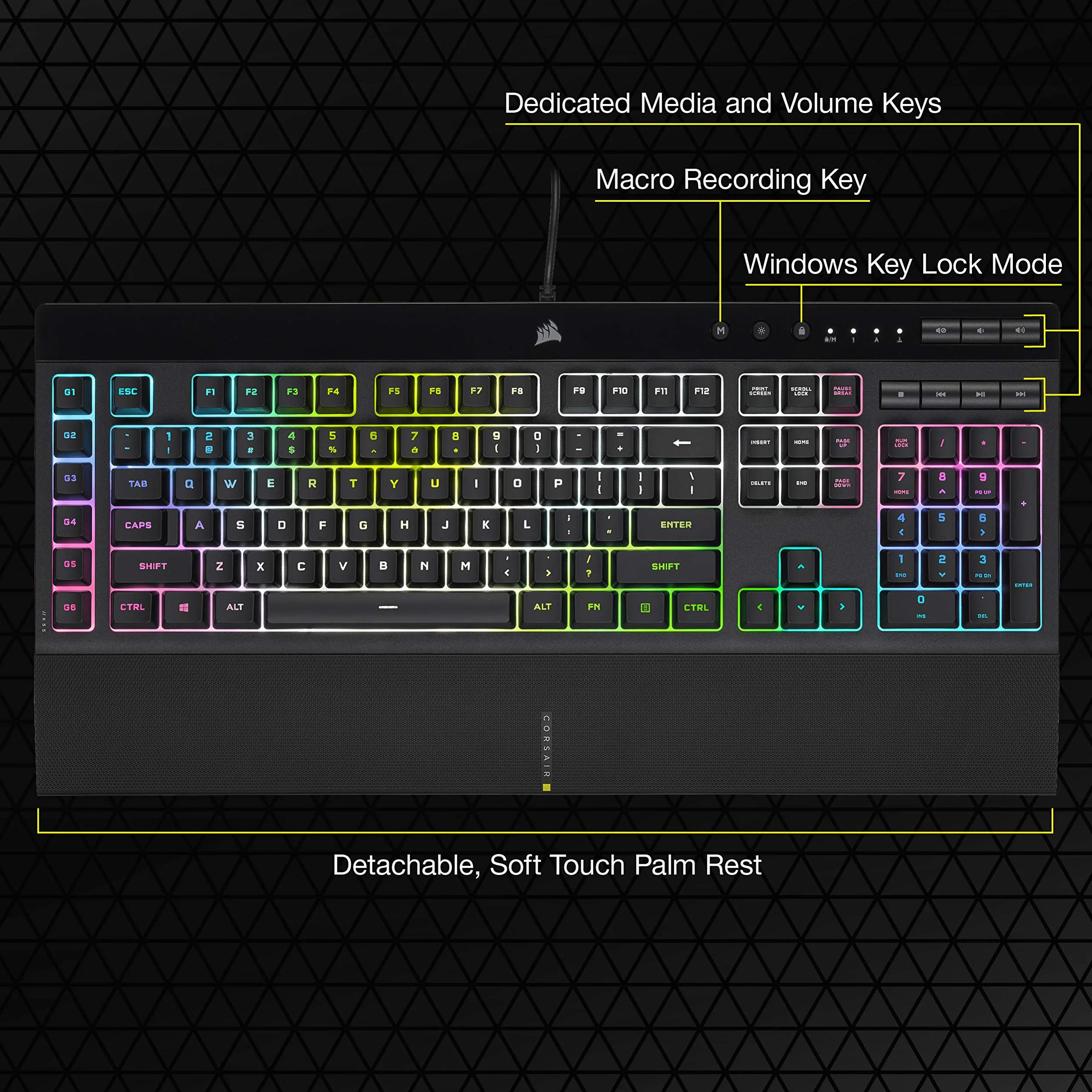 CORSAIR K55 RGB PRO XT przewodowa klawiatura do gier, IP42, odporna na kurz i zalanie, 6 klawiszy makro z integracją Elgato, kompatybilna z iCUE, QWERTY UK, PC, Mac, Xbox, czarna