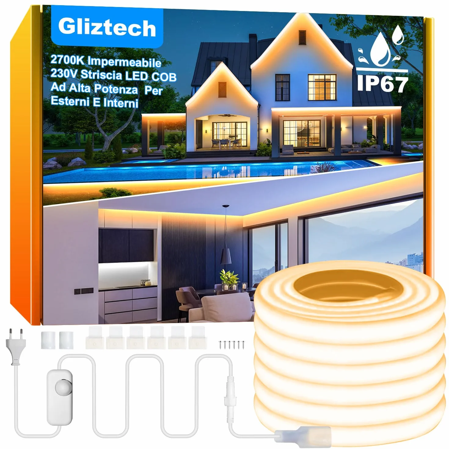 Gliztech COB Taśma LED do użytku na zewnątrz, wodoodporna, IP67 AC 220 V, bezpośrednia wtyczka, zewnętrzna taśma LED z podwójnym sterowaniem bezpiecznikiem, samoprzylepna taśma LED do ogrodu