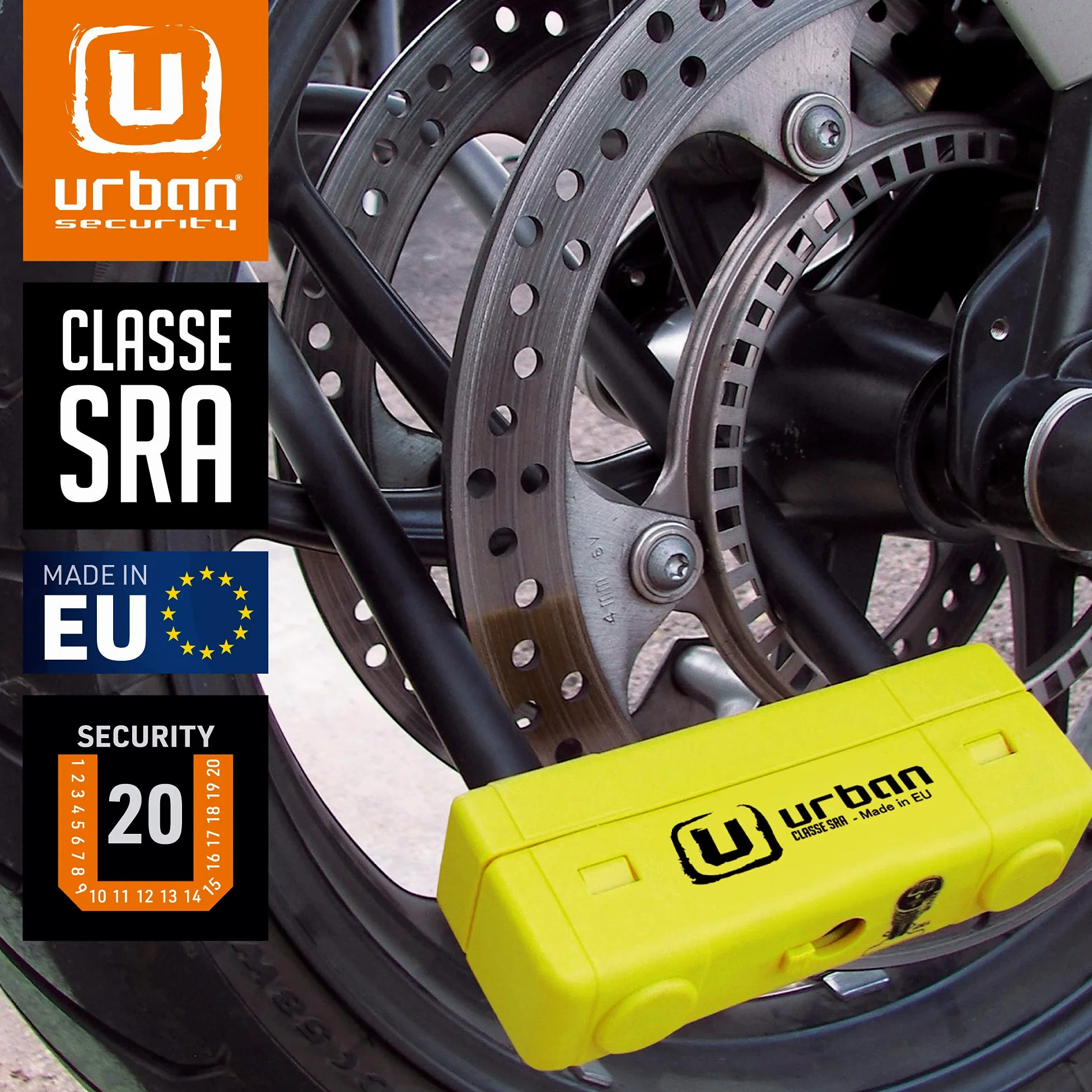 Urban Security UR85300Y zamek pałąkowy zabezpieczający przed kradzieżą, wysokie bezpieczeństwo, homologacja, podwójna blokada ø18, wyprodukowano w UE, 85 x 300 cm