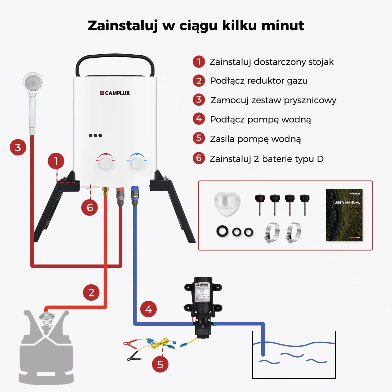 Camplux AY132Max Gazowy Przepływowy Podgrzewacz Wody z Pompą Wody i Stojakiem, 5-litrowy, 30/ 37mbar, LPG