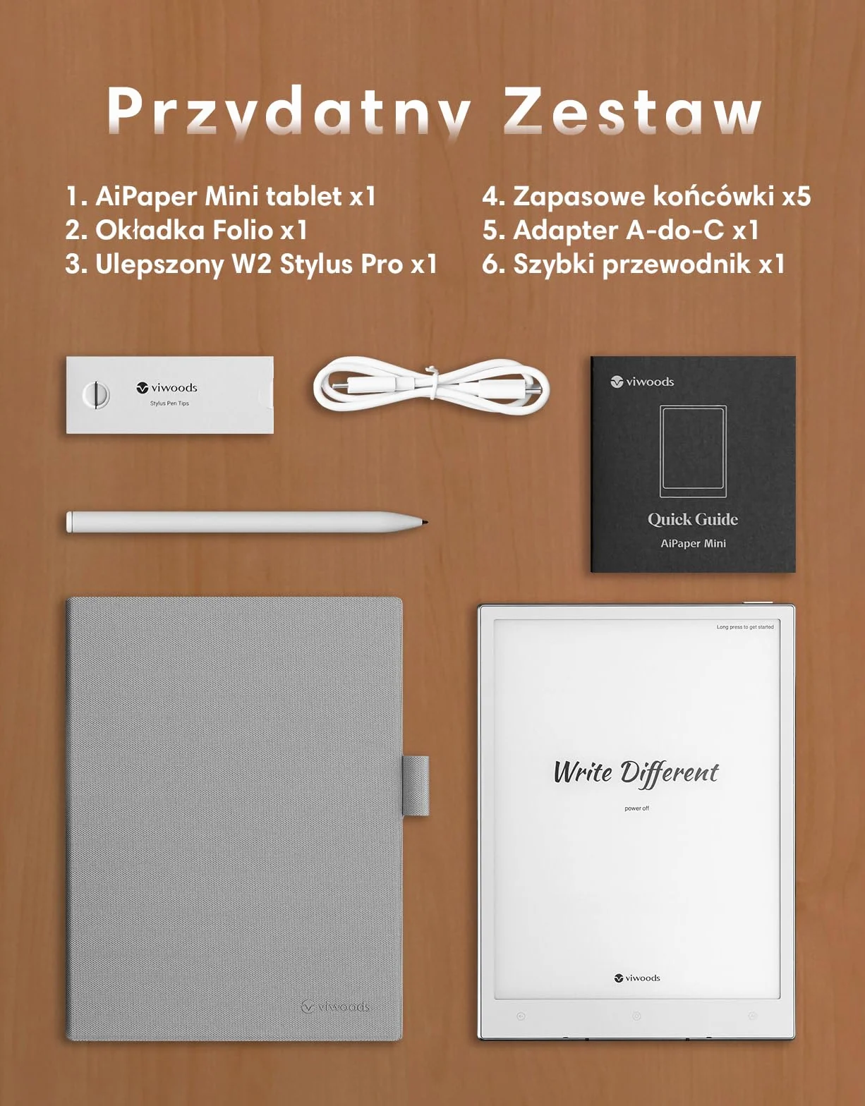 VIWOODS Ulepszony Zestaw z AiPaper Mini, Stylusem Pro i 5 Końcówkami, 8,2’’ AI Tablet z E-Ink z Regulowanym Światłem, 292 PPI Elektroniczny Notatnik z Piórem, Przenośny 230 g, 128 GB Pamięci