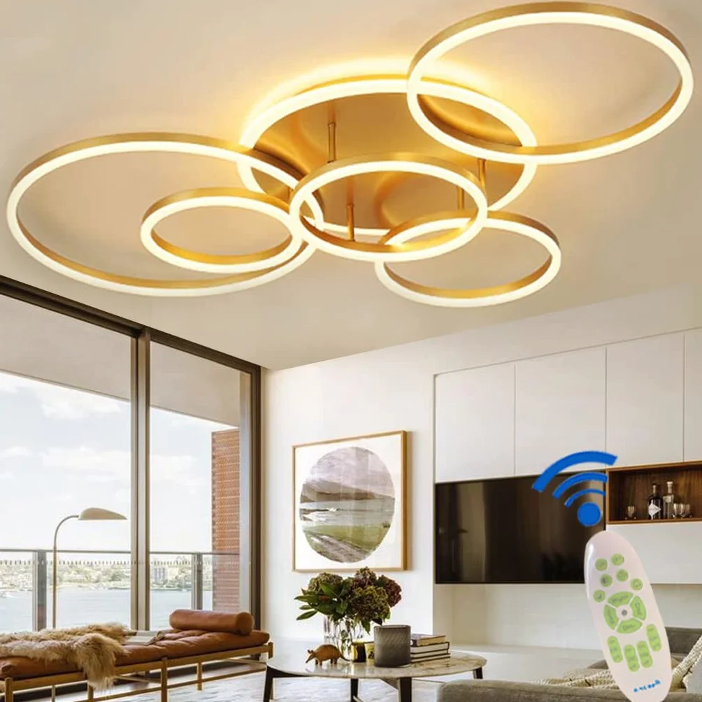 Lampa sufitowa Nowoczesna duża lampa do salonu LED Ściemnialna z pilotem Kolor światła/Jasność Regulowana metalowa rama Sypialnia Klub Oświetlenie jadalni Oświetlenie Lampa wisząca,Gold