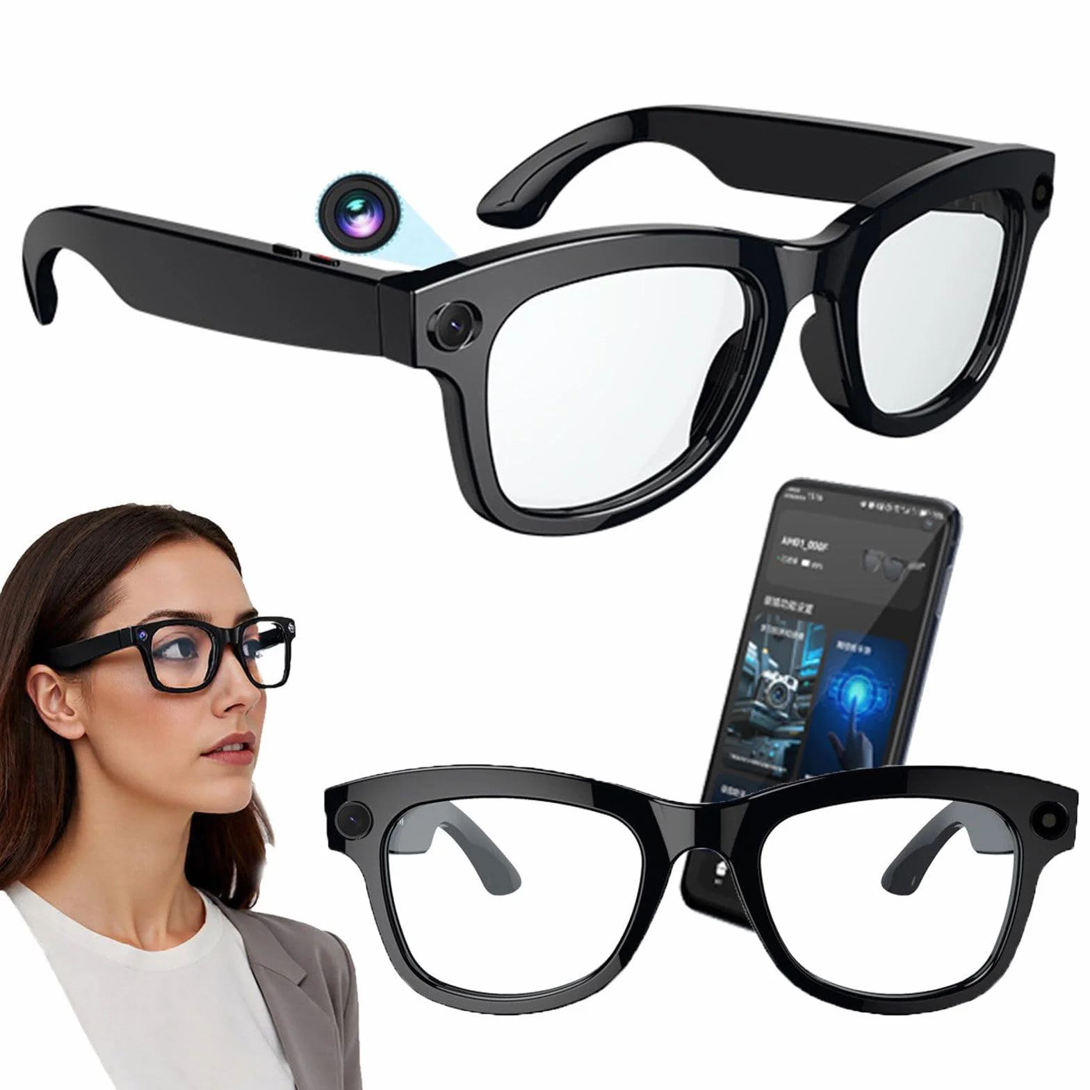 Inteligentne okulary AI z kamerą 500 W pikseli, ChatGPT, sterowaniem głosowym, Wi-Fi 4.0 + Bluetooth 5.3