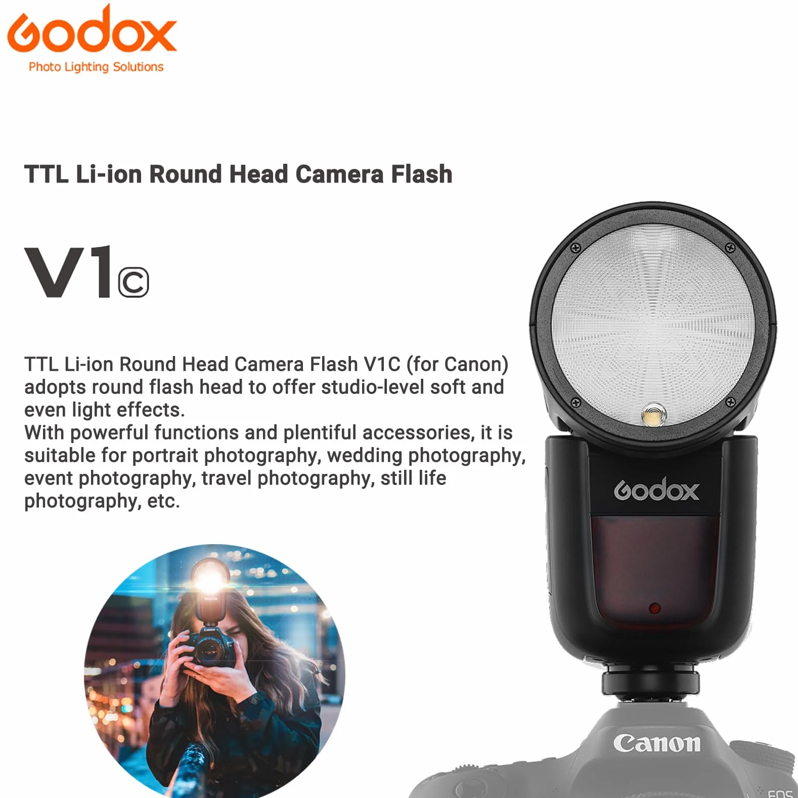 Godox V1-C lampa błyskowa do kamery Canon 2,4G HSS TTTL 1/8000 480 Full Power Shots LED
