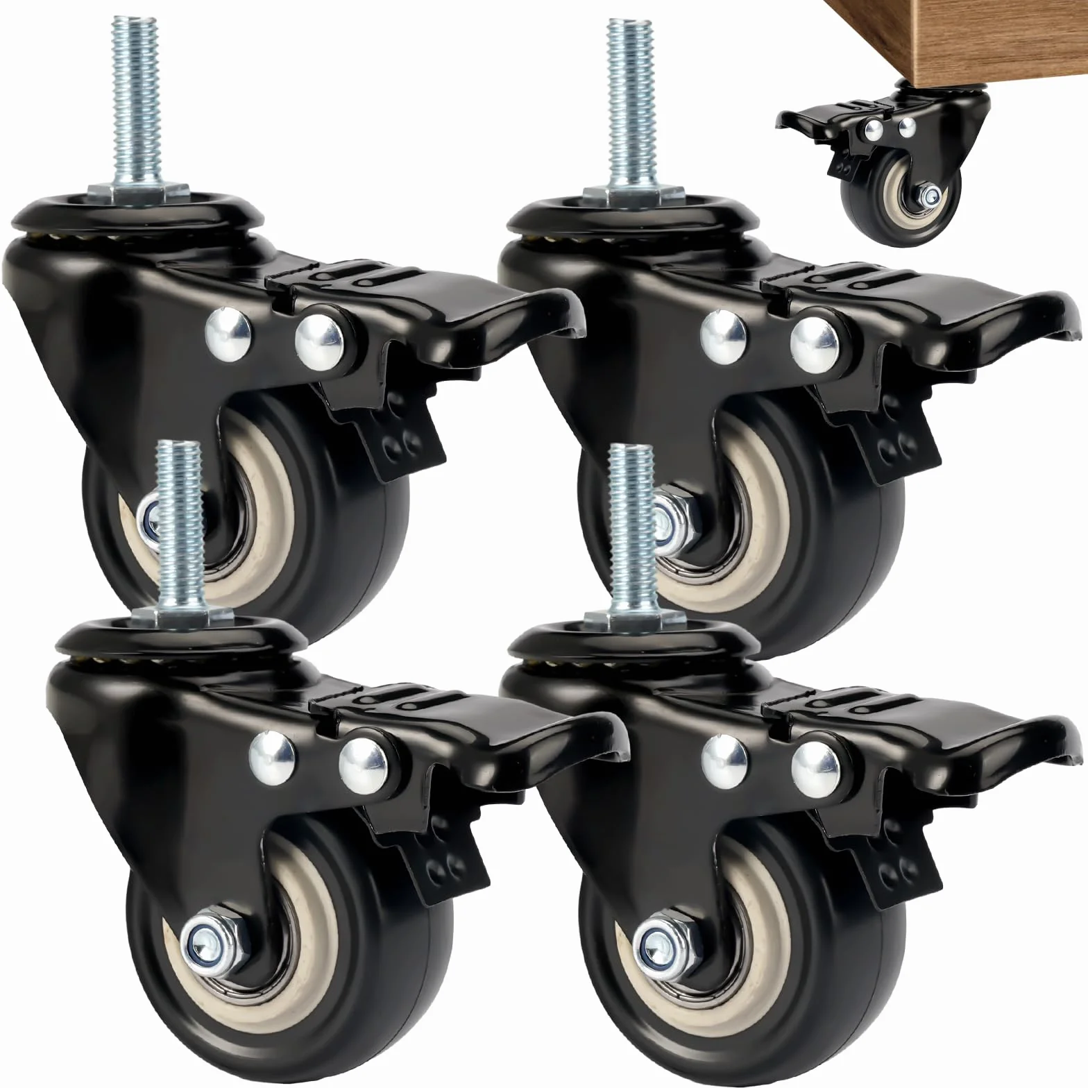 4 sztuki kółek z hamulcem M8 x 25 mm, kółka do dużych obciążeń 50 mm, kółka skrętne do mebli, gwint M8, gumowe kółka skrętne, bez śladów i ciche, do urządzeń i mebli, nośność 210 kg