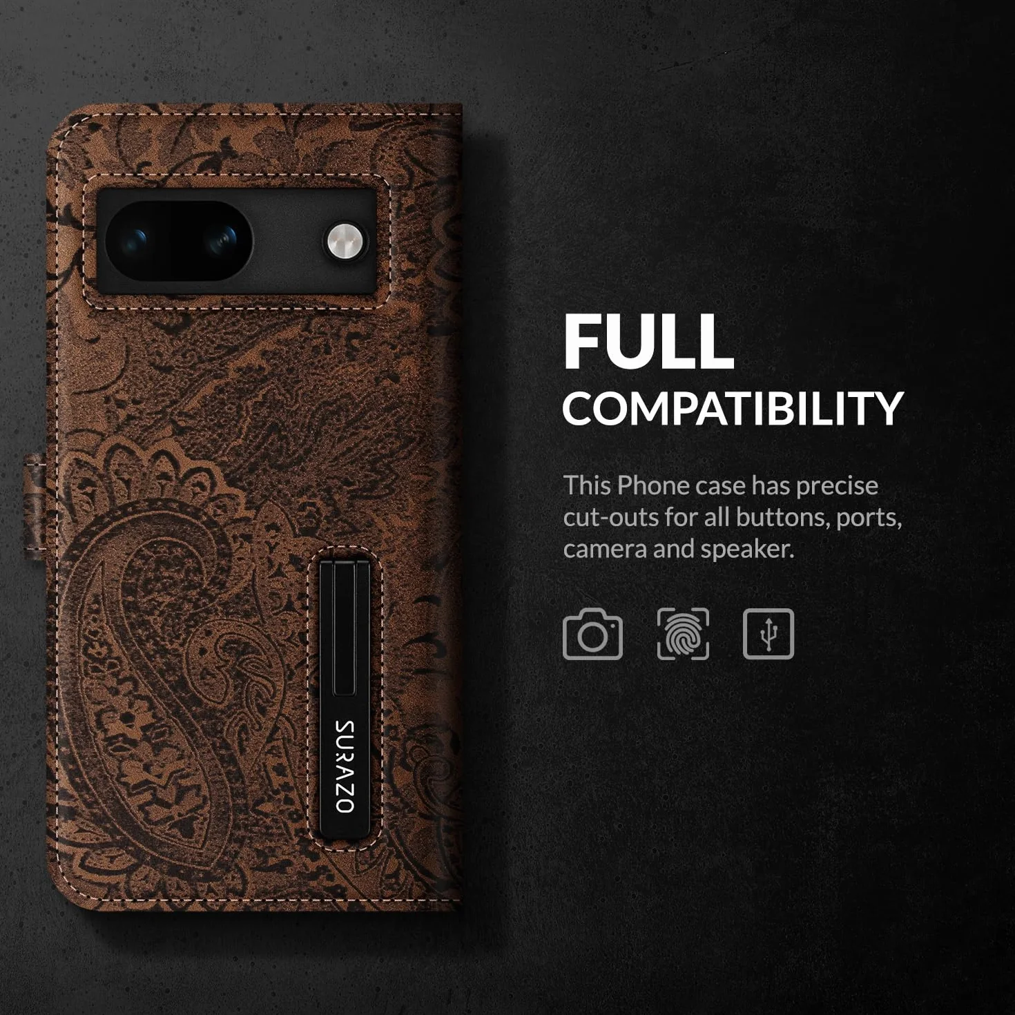 SURAZO Etui na Google Pixel 8a z Prawdziwej Skóry Składane Ochronne z Magnesem RFID Wallet Case Cover (kwiatowy wzór)
