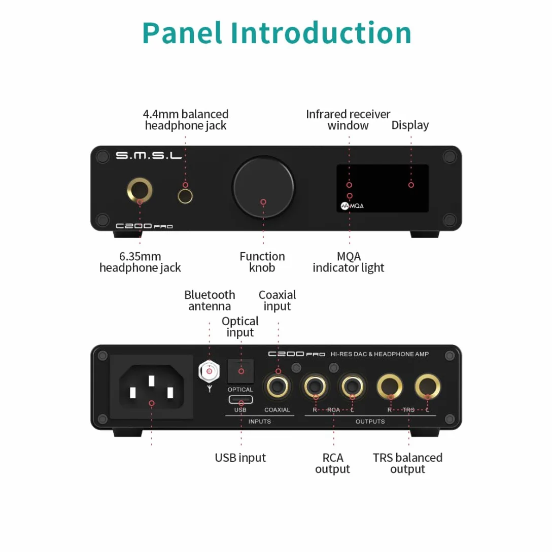 S.M.S.L C200PRO MQA DAC Wzmacniacz słuchawkowy ESS ES9039Q2M Bluetooth 5.1 32bit/768kHz DSD