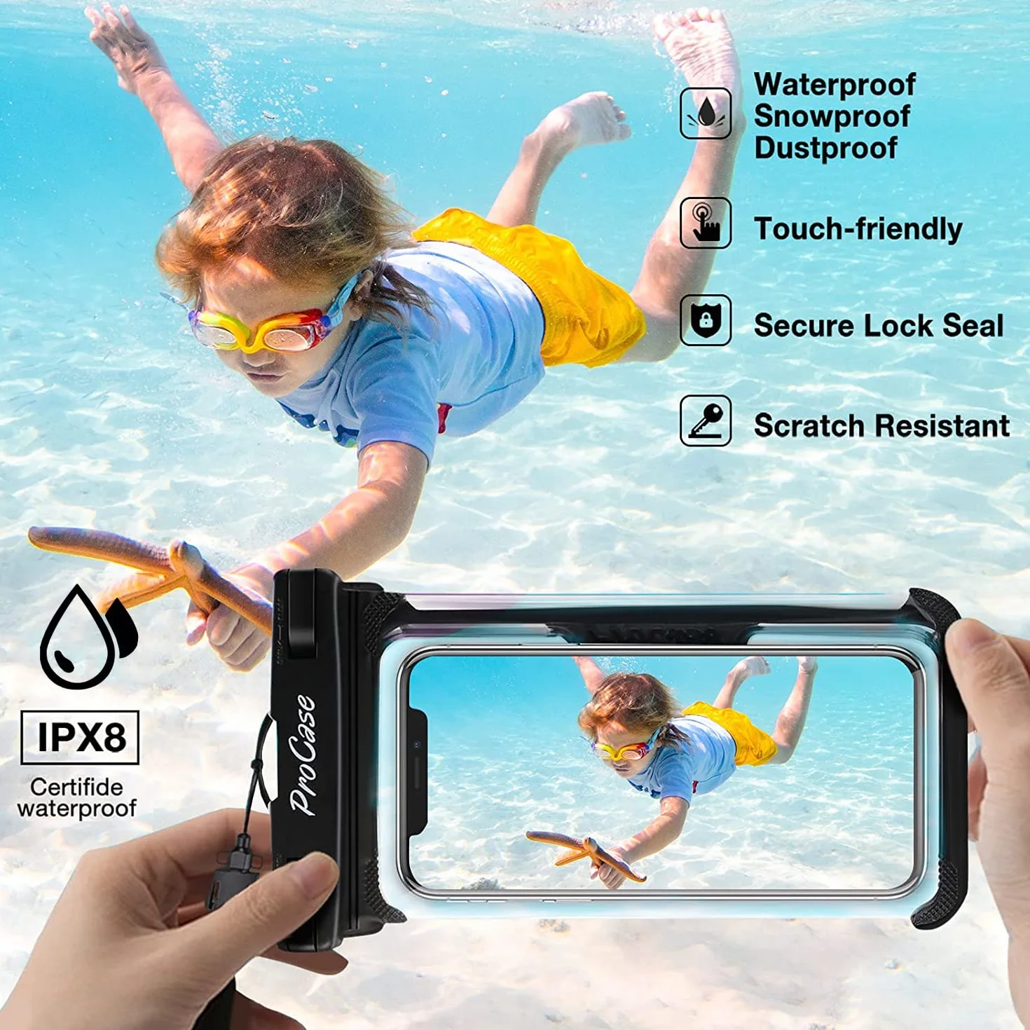 ProCase wodoodporne etui na telefon IPX8 do iPhone 15 14 13 12 Pro Max Samsung Galaxy S24 S23 Ultra S22 A54 7 cali czarne