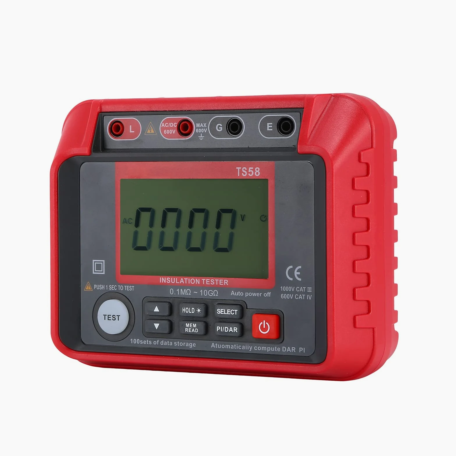 Domary Tester Rezystancji Izolacji Megaomomierz 0,1 MΩ-10 GΩ z Podświetlanym Wyświetlaczem LCD 2000 zliczeń Napięcie Prądu Stałego AC 10–600 V Indeks DAR PI do Konserwacji Sprzętu