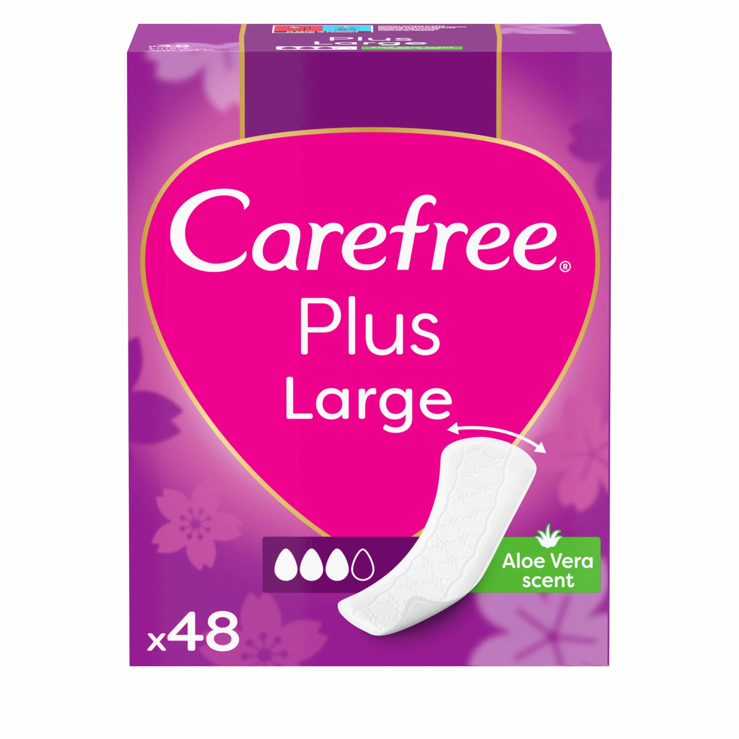 Carefree Plus Aloe 48 szt. Wkładki higieniczne o świeżym zapachu, Kontrolują nieprzyjemny zapach do 12 godzin. Szersze od wkładek standardowych, Nie zawierają barwników, niebielone chlorem.
