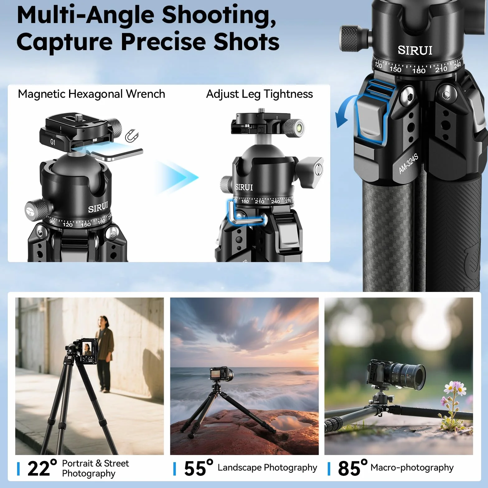 SIRUI Heavy-Duty Statyw do aparatu z włókna węglowego, 152 cm Profesjonalny statyw z głowicą kulową o niskiej temperaturze 360°, lekki i przenośny, obciążenie do 20 kg, AM-324S+G1