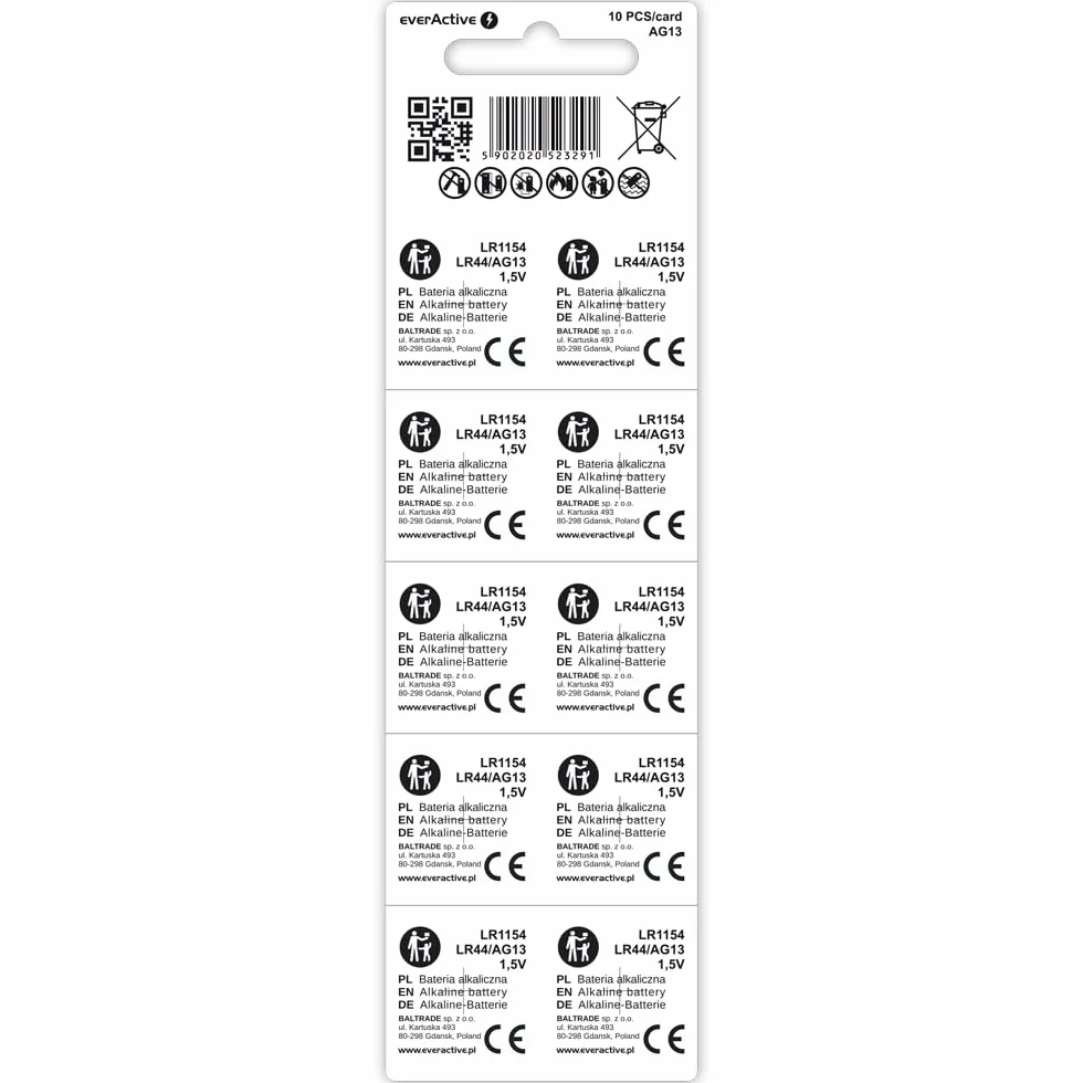 everActive AG13 1,5 V baterie alkaliczne LR1154 LR44 G13 10 sztuk blister
