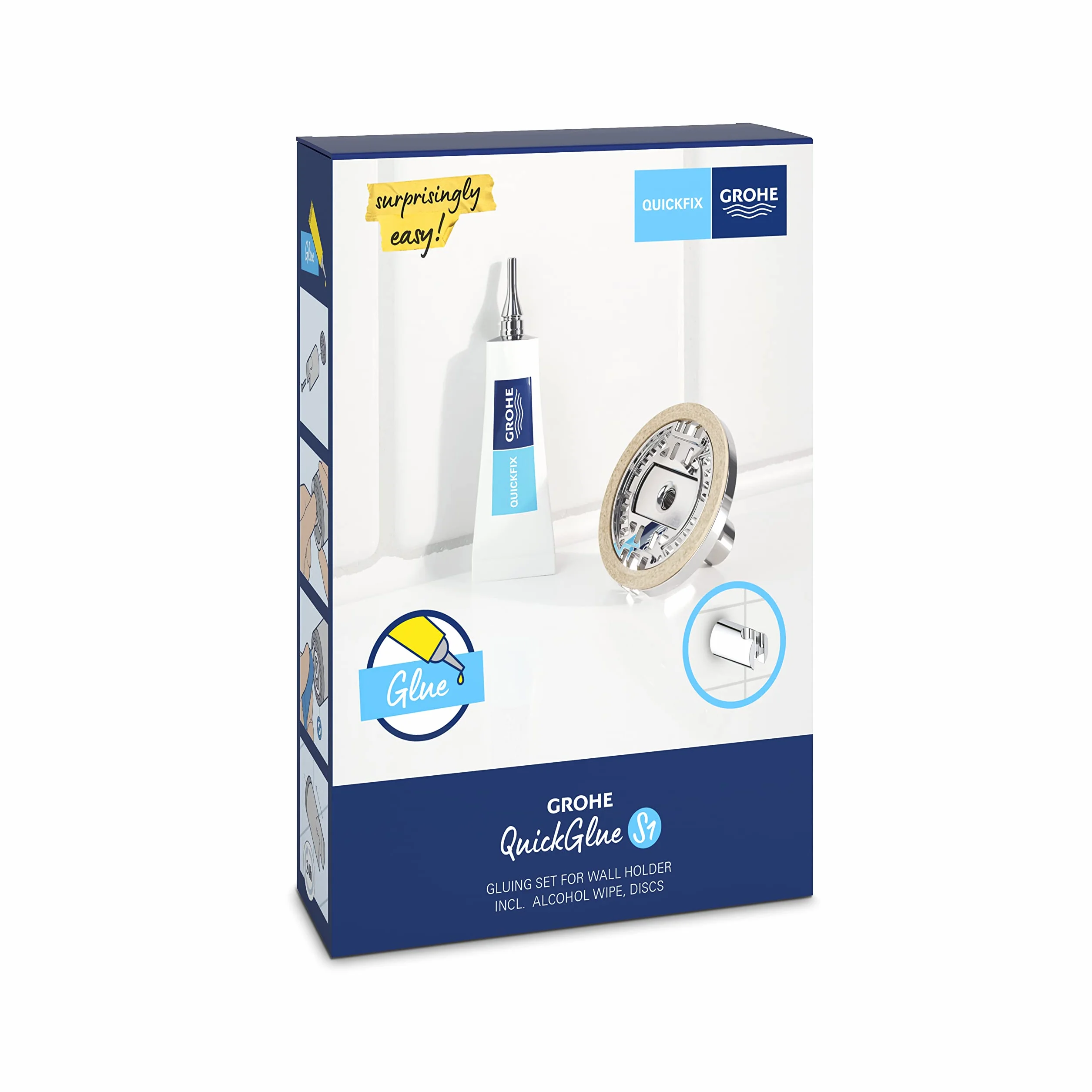 GROHE QuickGlue Zestaw S1, zestaw do klejenia uchwytów ściennych Quickfix z 1 tubką kleju, 2 krążkami i 1 chusteczką nasączoną alkoholem, czas schnięcia 24 godziny, 41246000