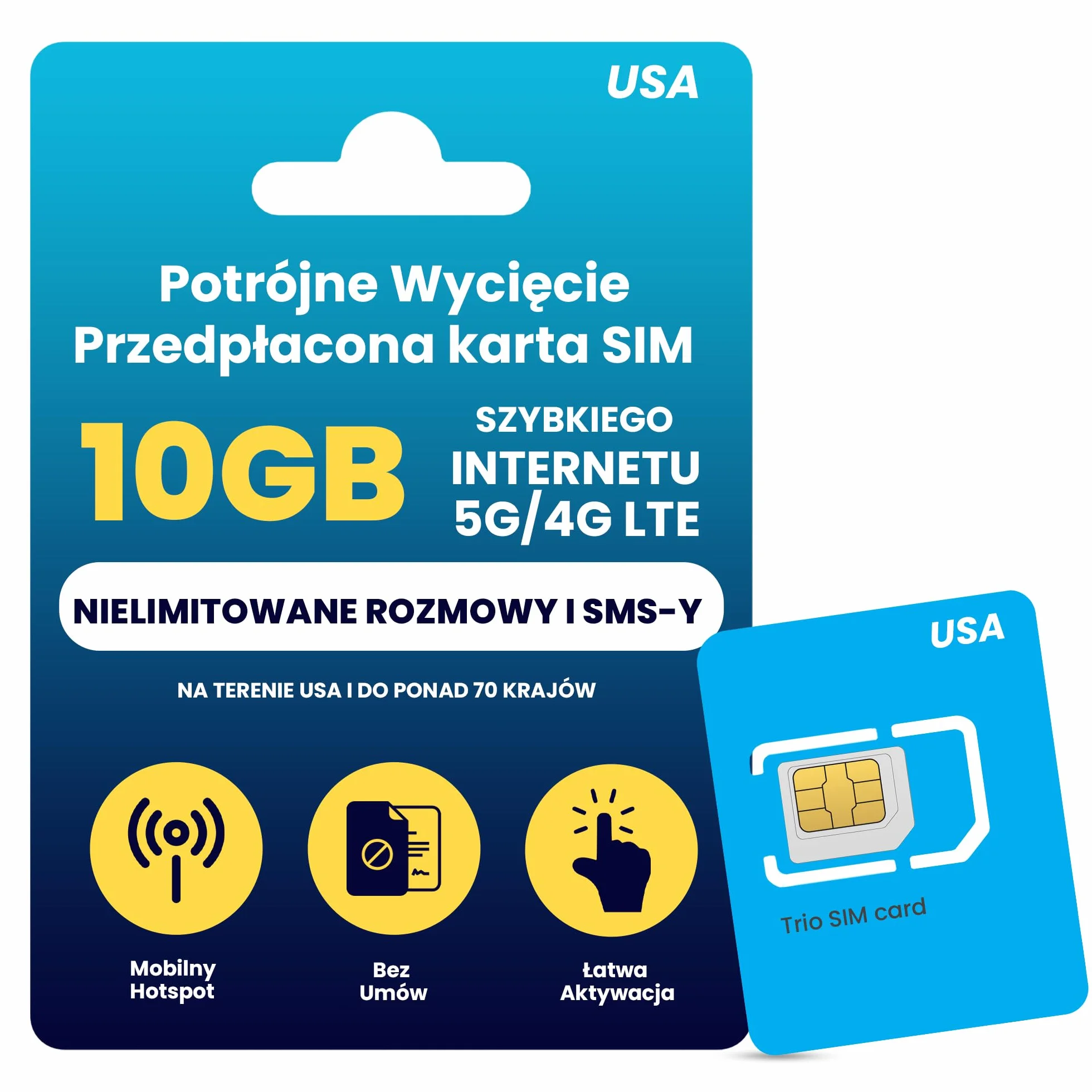 H2O Wireless Przedpłacona Fizyczna Karta SIM USA na 90 Dni - 10GB Szybkiego Internetu 4G LTE/5G + 5GB Hotspotu, Nielimitowane Dane, Rozmowy i SMS-y do Ponad 70 Krajów, Karta SIM do Telefonu