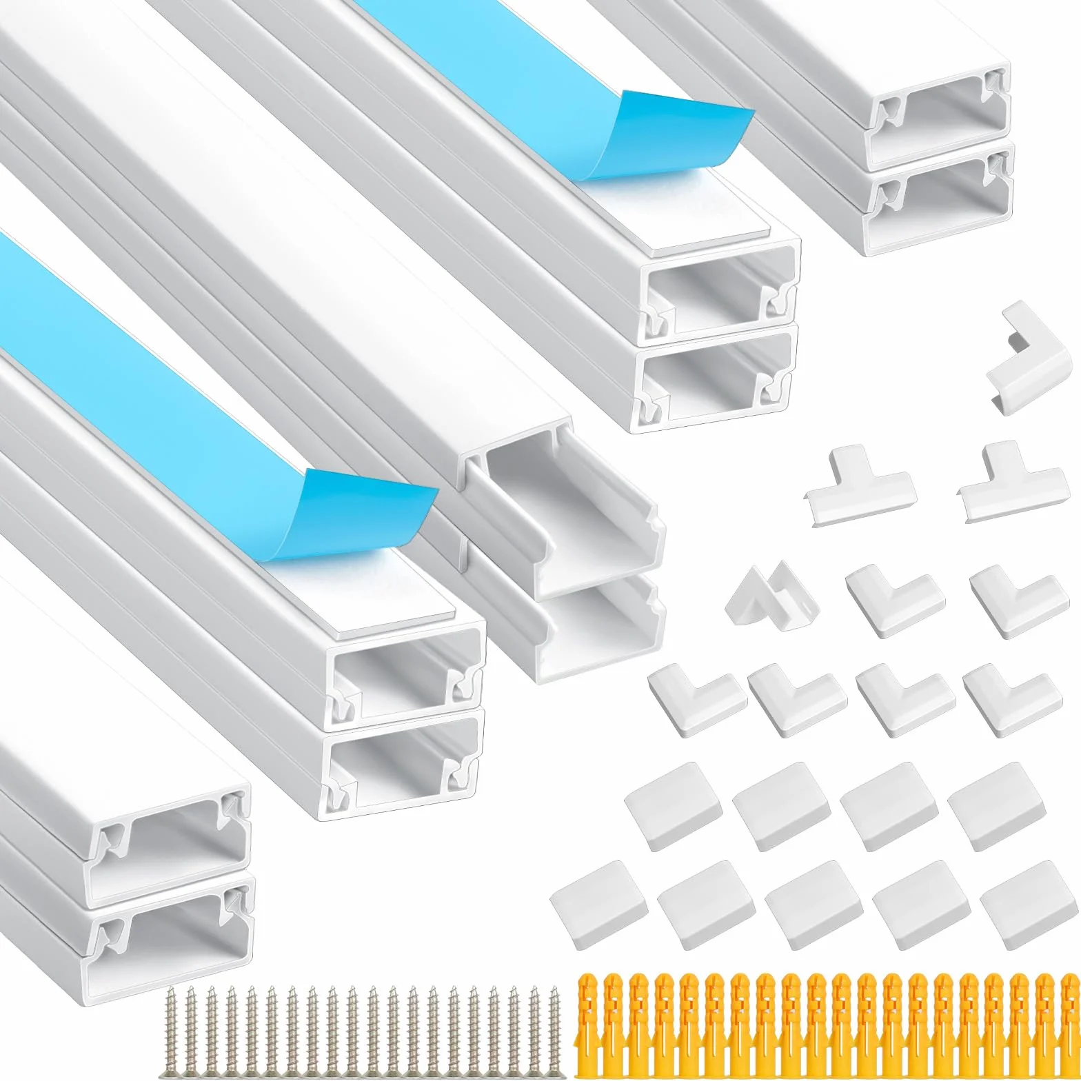 Romon Kanał kablowy ścienny 4 m, biały zestaw kanałów kablowych - malowalne osłony kablowe do telewizora - Samoprzylepny kanał kablowy z łącznikami, łokcie, taśma kablowa, 0,4 m x 20 mm x 10 mm, 10
