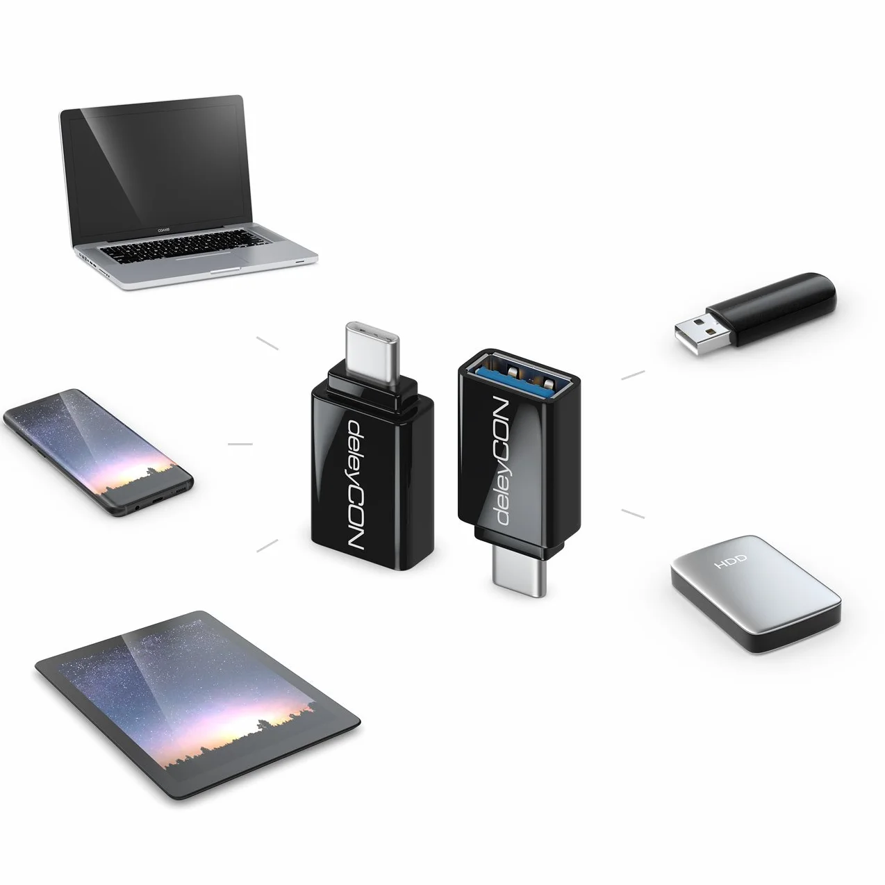 deleyCON USB-C do USB Adapter USB 3.0 (2 Sztuki) - Adapter OTG 5 Gbit/s Thunderbolt 3/4 do iPhone 16 15, Galaxy S25/S24/S23, MacBook, iPad, iMac, Surface, Notebooka, Komputera, Laptopa, Tablet, Czarny