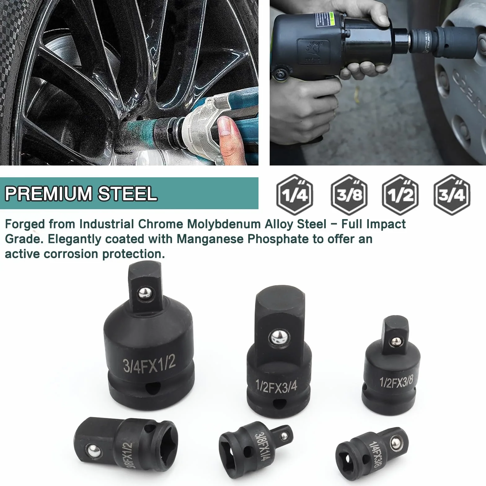 6-częściowy zestaw adapterów nasadowych, 1/4" 3/8" 1/2" 3/4", adapter redukcyjny do napędu czworokątnego, adapter narzędziowy do grzechotki i drążka dynamometrycznego