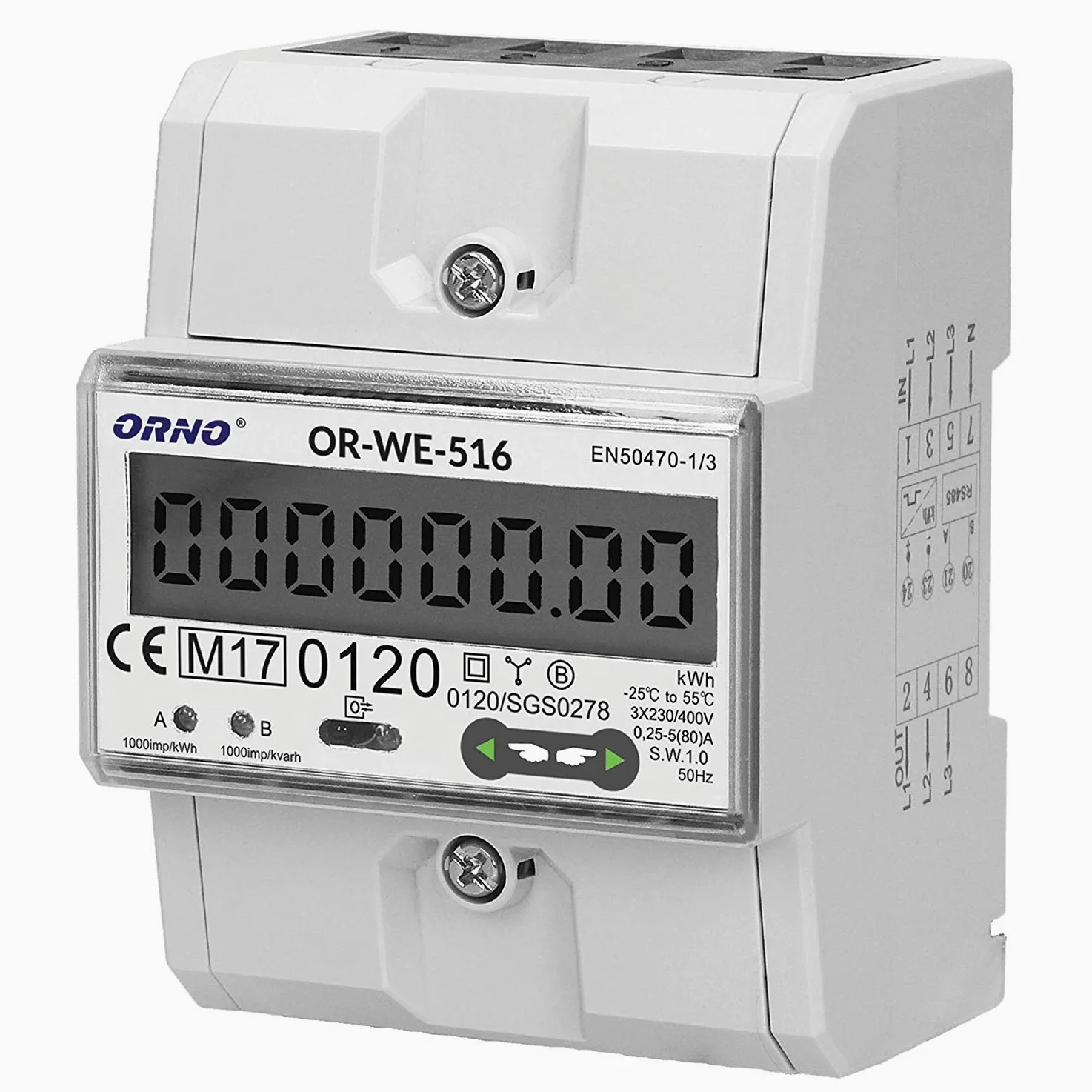 ORNO OR-WE-516 licznik prądu, szyna montażowa, 3-fazowy wskaźnik zużycia energii z certyfikatem MID, protokół komunikacyjny Modbus, 0,25 A – 80 A, 3 x 230 V/400 V, 50/60 Hz, 1000 imp/kWh