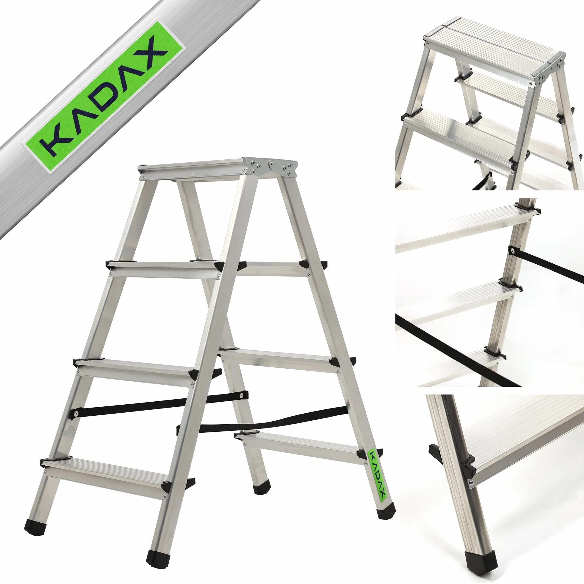 KADAX Drabina aluminiowa składana 4-stopniowa, antypoślizgowe stopki, udźwig do 125 kg, do wnętrz i na zewnątrz, stabilna i bezpieczna