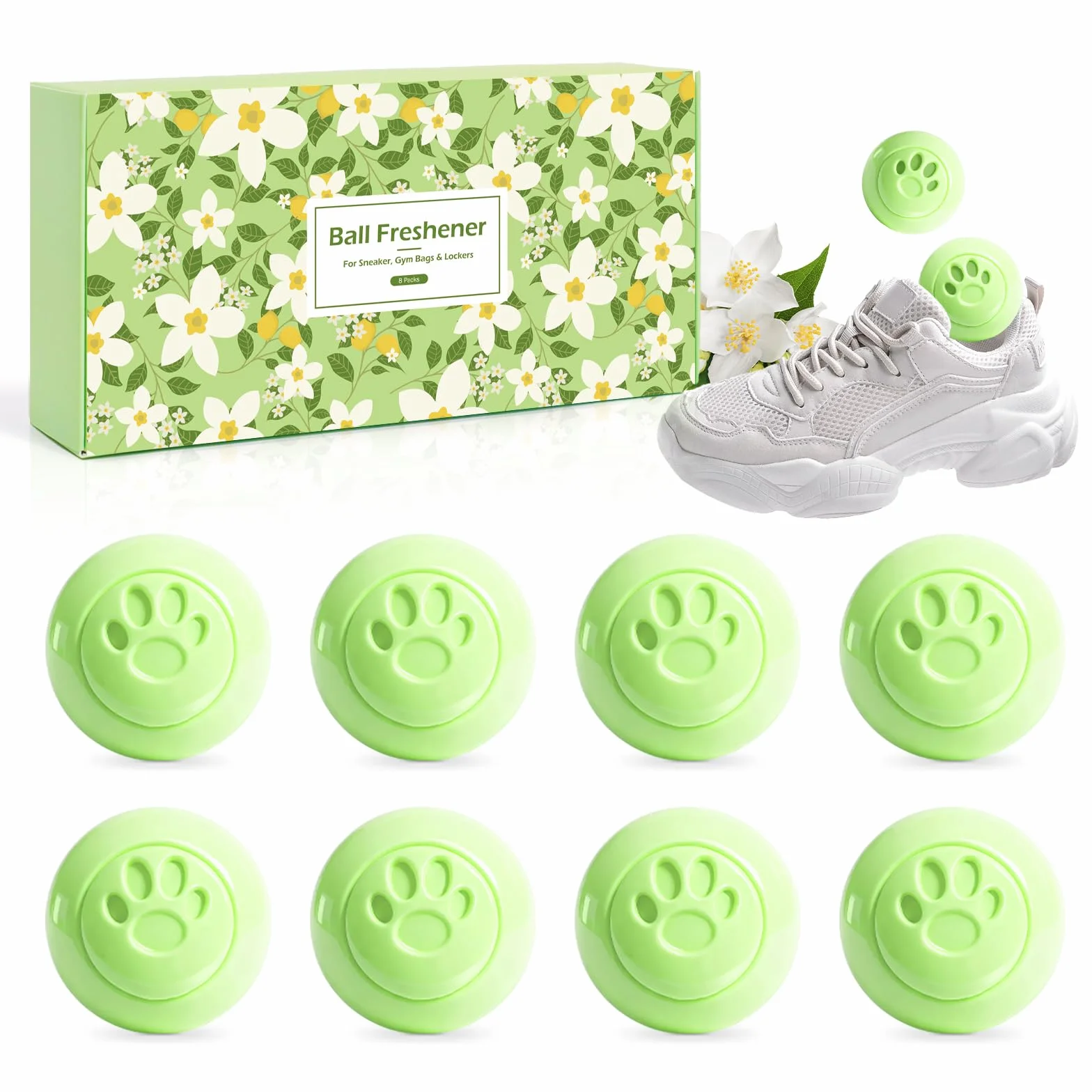 SCENTORINI Dezodorant na buty, piłki dezodoryzujące do butów sportowych, 8 sztuk – kulki dezodoryzujące, zapach jaśminu, do toreb sportowych, tornistrów szkolnych, szafek, aby usunąć zapachy