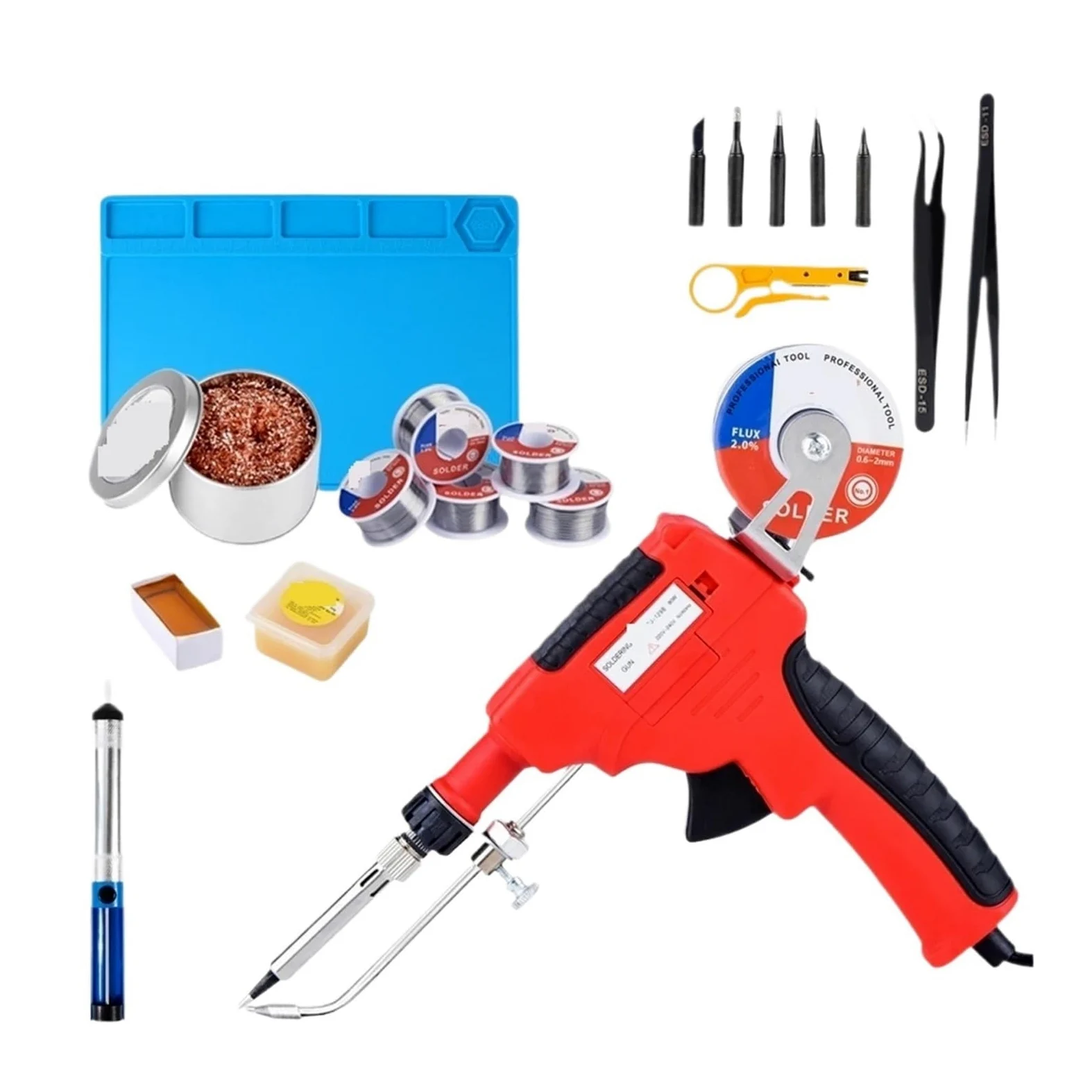 Pistolet Lutowniczy 80W Zestaw Pistoletu Lutowniczego Kolba Lutownicza Z 5 Szt. Grotów Lutowniczych Pompa Rozlutownicza Pęsety Druty Lutownicze Szybkie Nagrzewanie(129B-1)