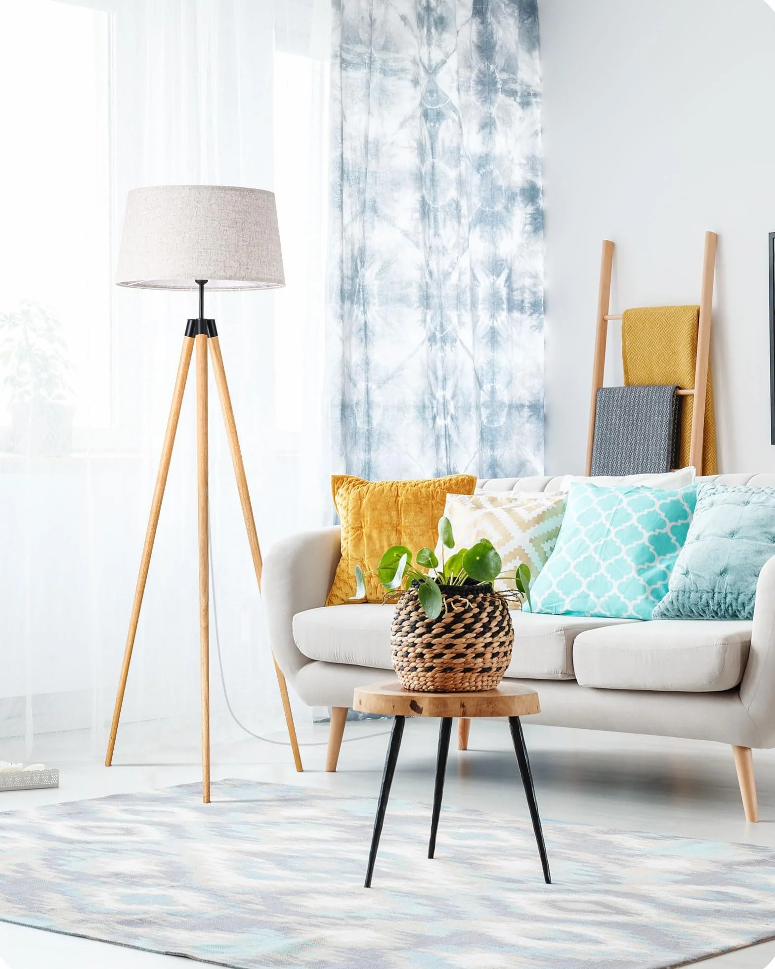 EDISHINE Lampa stojąca do salonu, ściemniana, lampa stojąca w stylu boho ze statywem z drewna, w zestawie żarówka LED E27 i pilot zdalnego sterowania, abażur w stylu vintage, lampa do czytania do