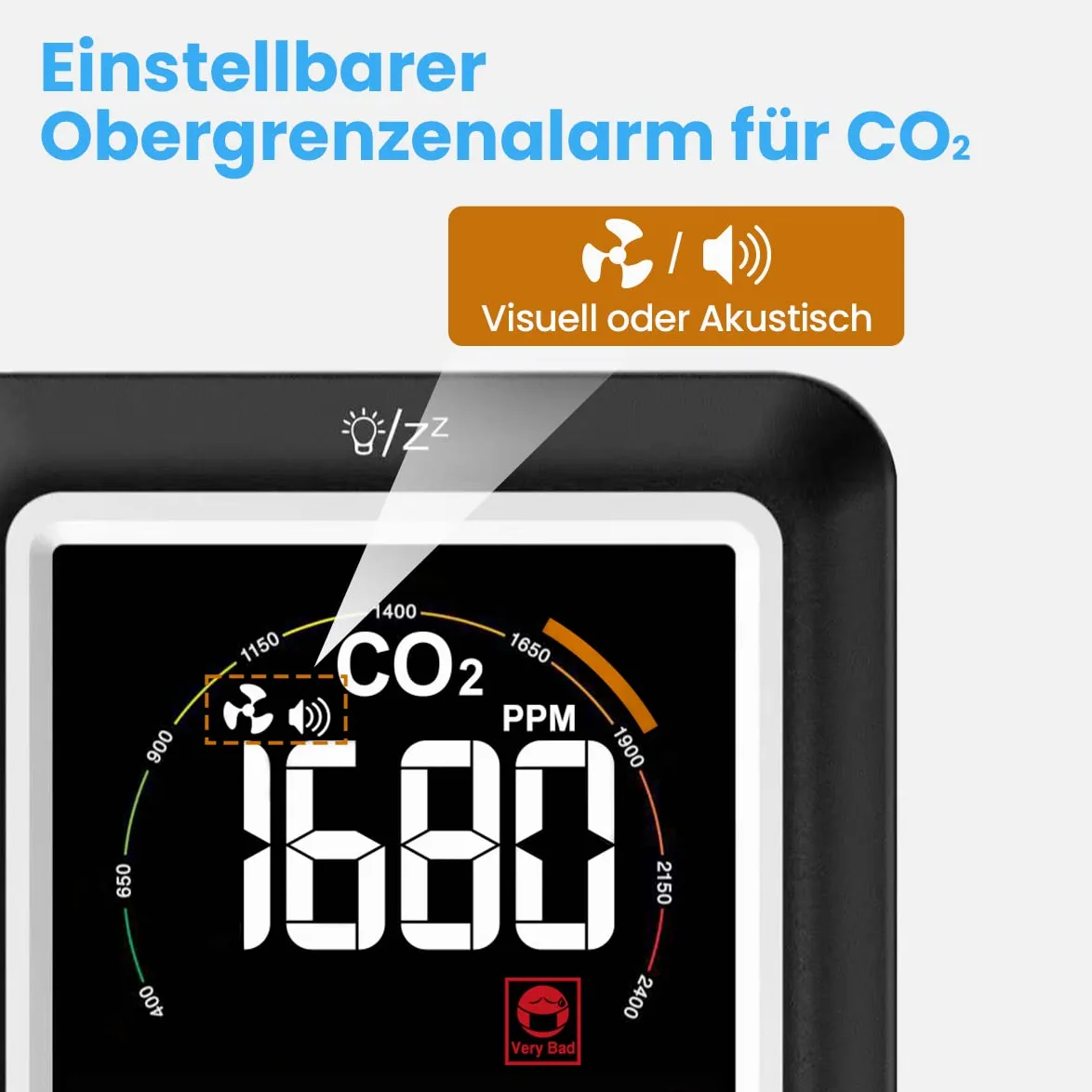 Newentor Miernik CO2, 4 poziomy koncentracji CO2 z alarmem i zaleceniami wentylacji, zasilanie bateryjne i złącze USB z 3 poziomami jasności, nadaje się do przedszkola, biura, salonu, NDIR