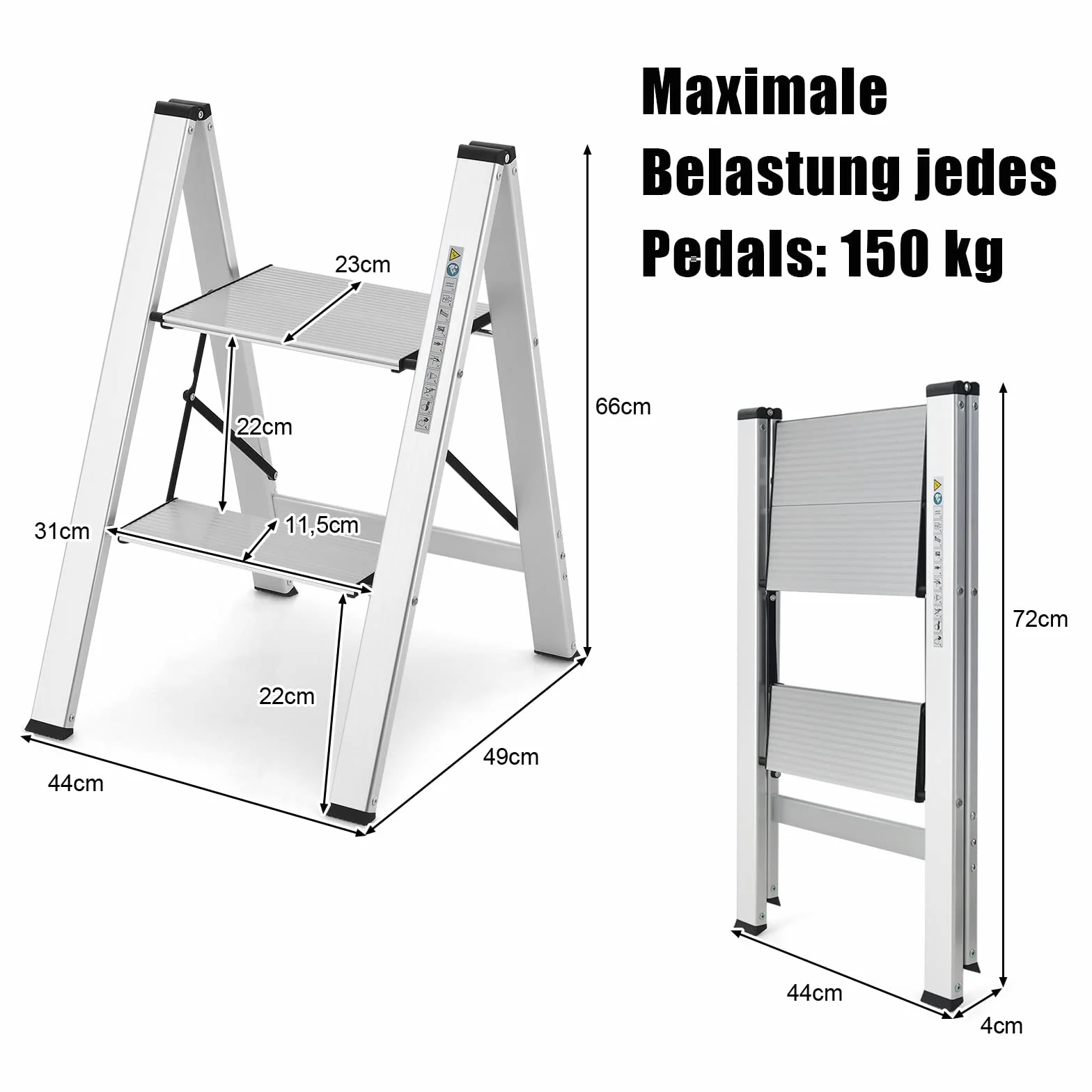 COSTWAY Drabina schodkowa, 2-stopniowa drabina stojąca, aluminiowa, składana drabina do 150 kg, składana i antypoślizgowa, do domu, biura, garażu, srebrna (2 stopnie 44 x 49 x 66 cm)