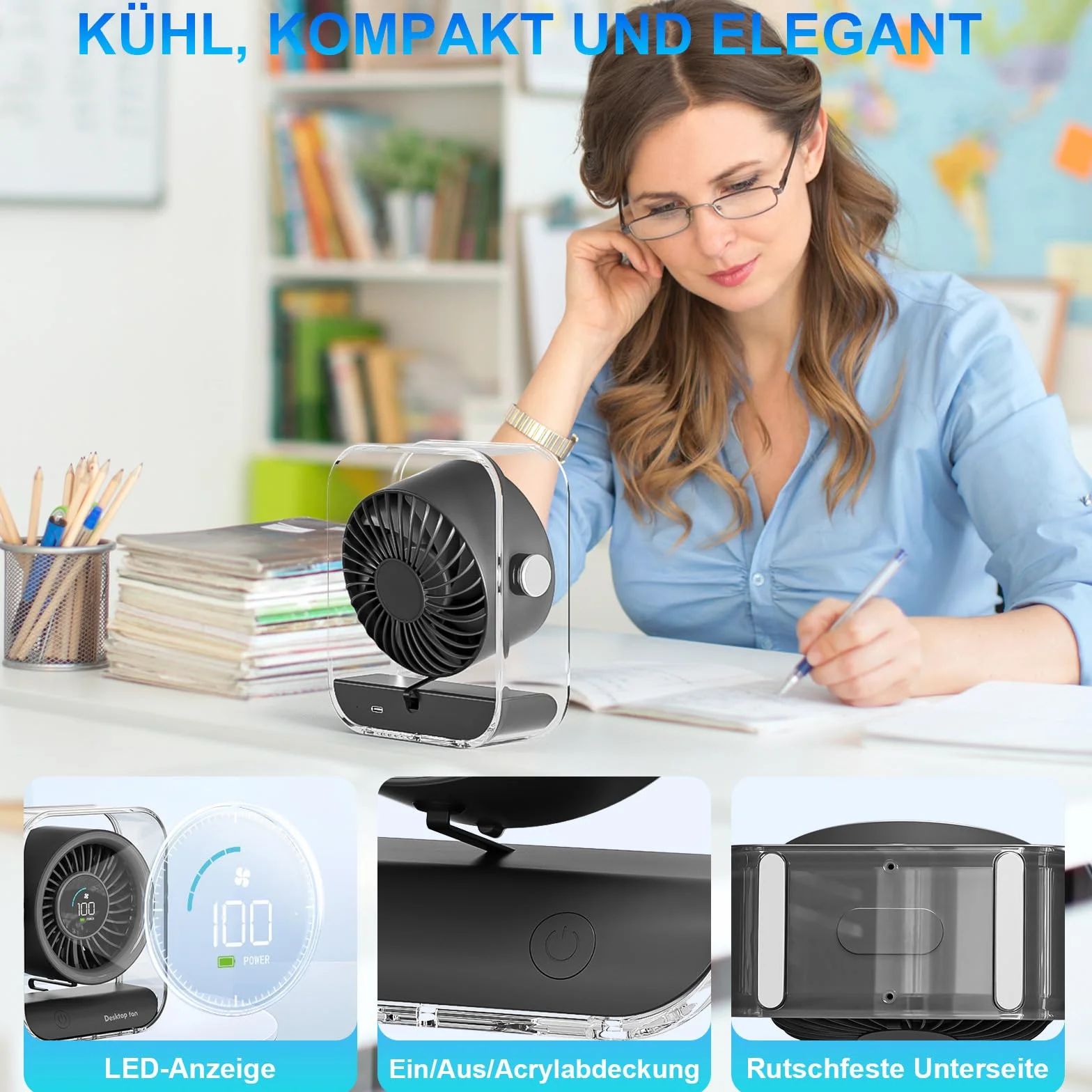 Wentylator stołowy,wentylator USB, cichy, przenośny wentylator akrylowy, gwarancja,mocny, znakomity wentylator, mini wentylator stołowy, obrót o 60°, wentylator biurkowy na biurko, do domu, do biura
